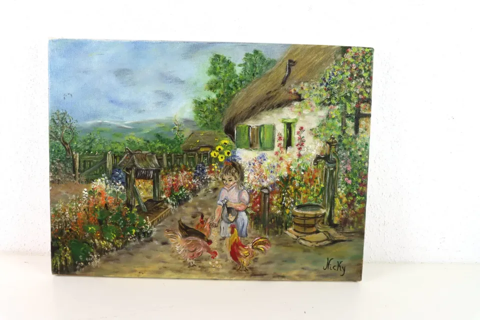 Mon Ami(e) Vintage Frau mit Hühnern im Bauerngarten Gemälde Leinwand