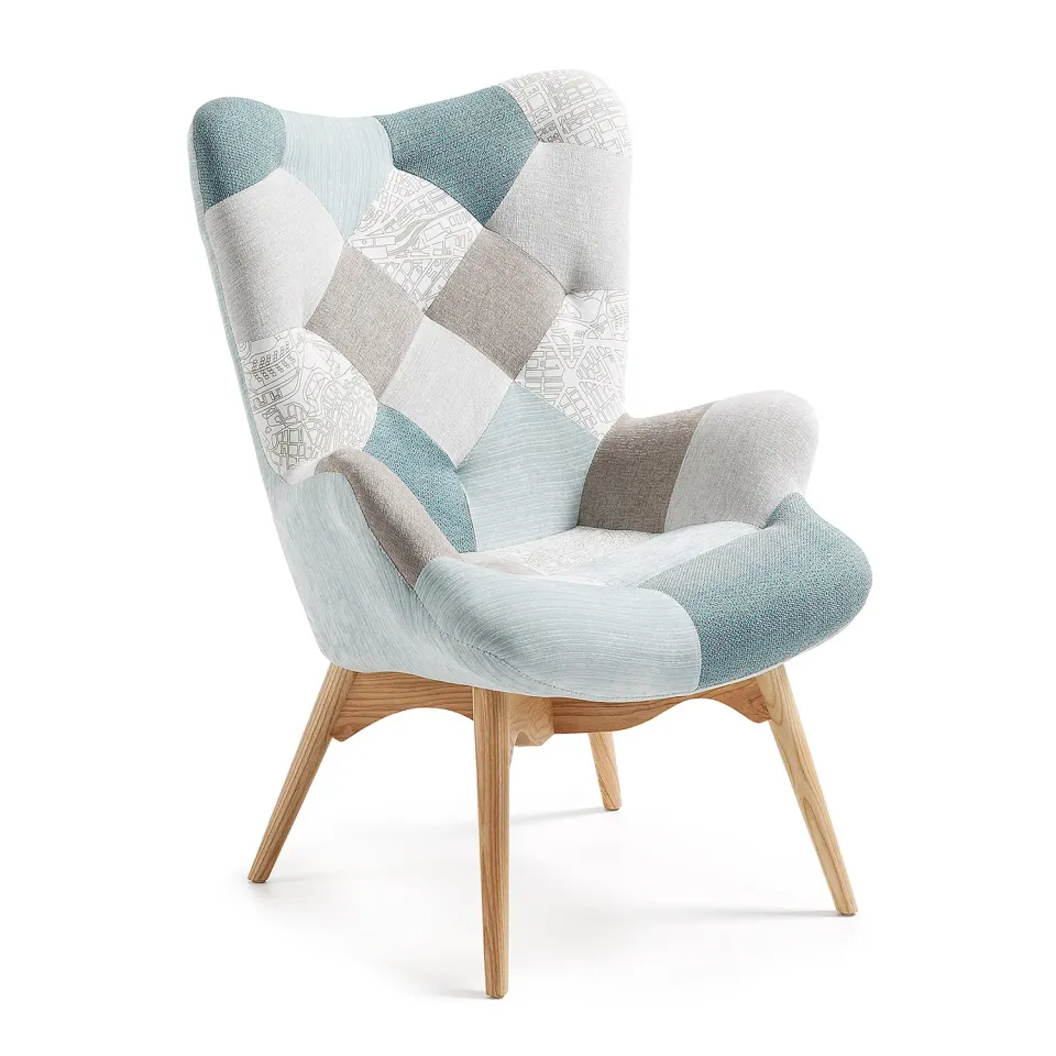 Kave Home Kody Sessel Blau Patchwork mit Armlehnen