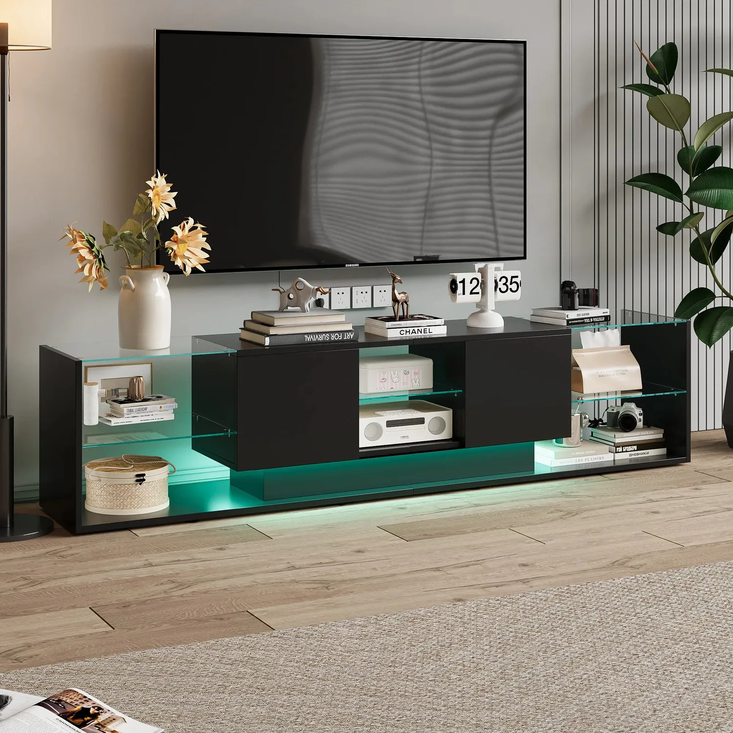 Nezzo TV-Meubel Lowboard mit LED 200x35x45cm Schwarz Weiß
