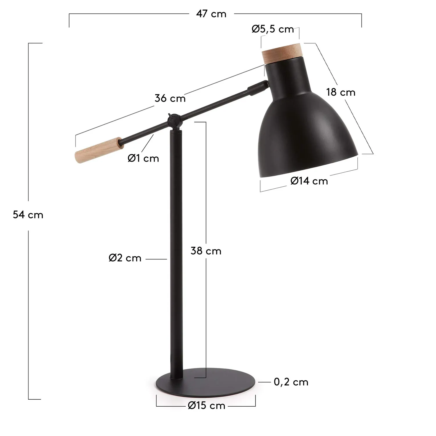 Kave Home Tescarle Tischleuchte schwarz Holz Metall Gelenkarm