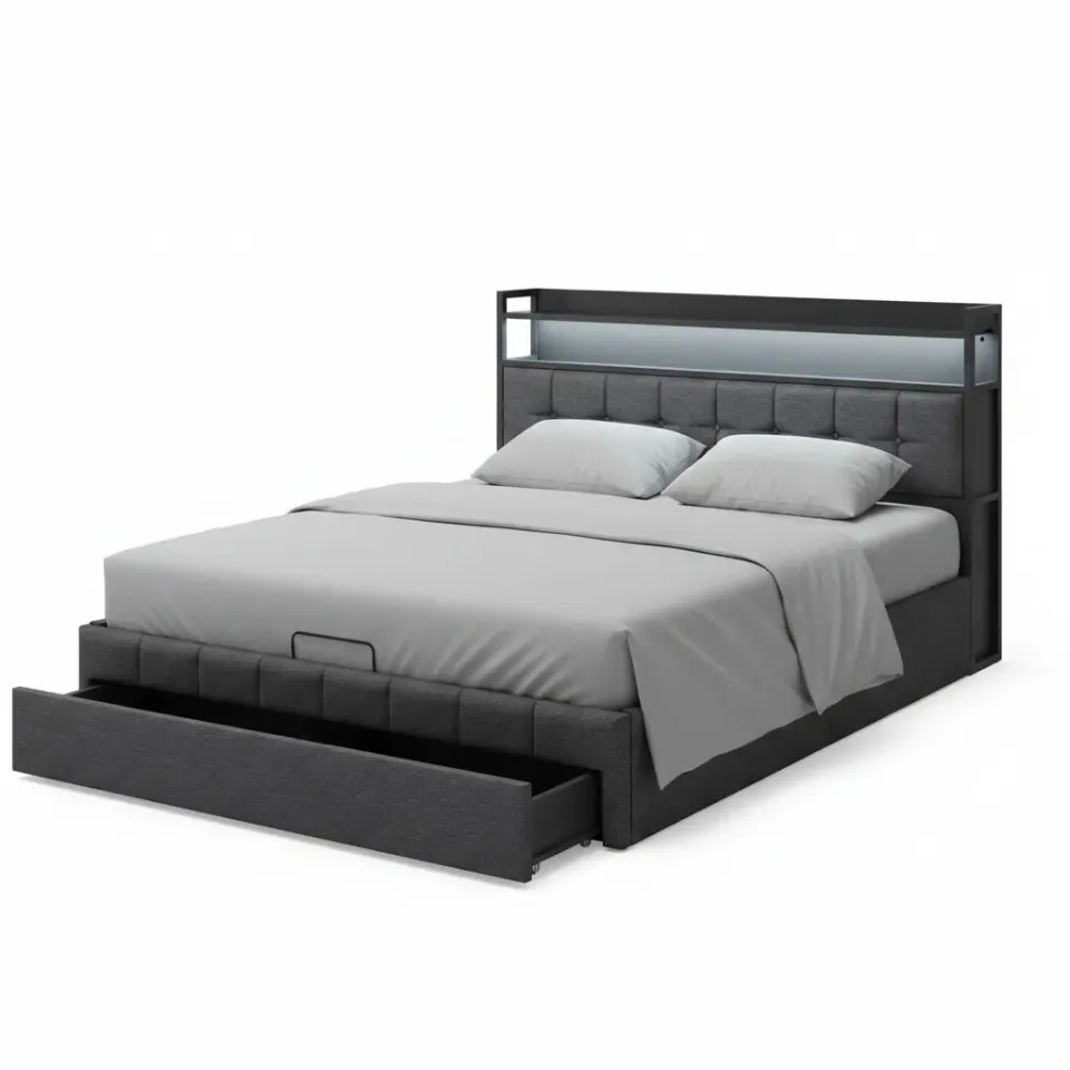 In And OutdoorMatch Bett 140x190 Grau mit LED und Stauraum