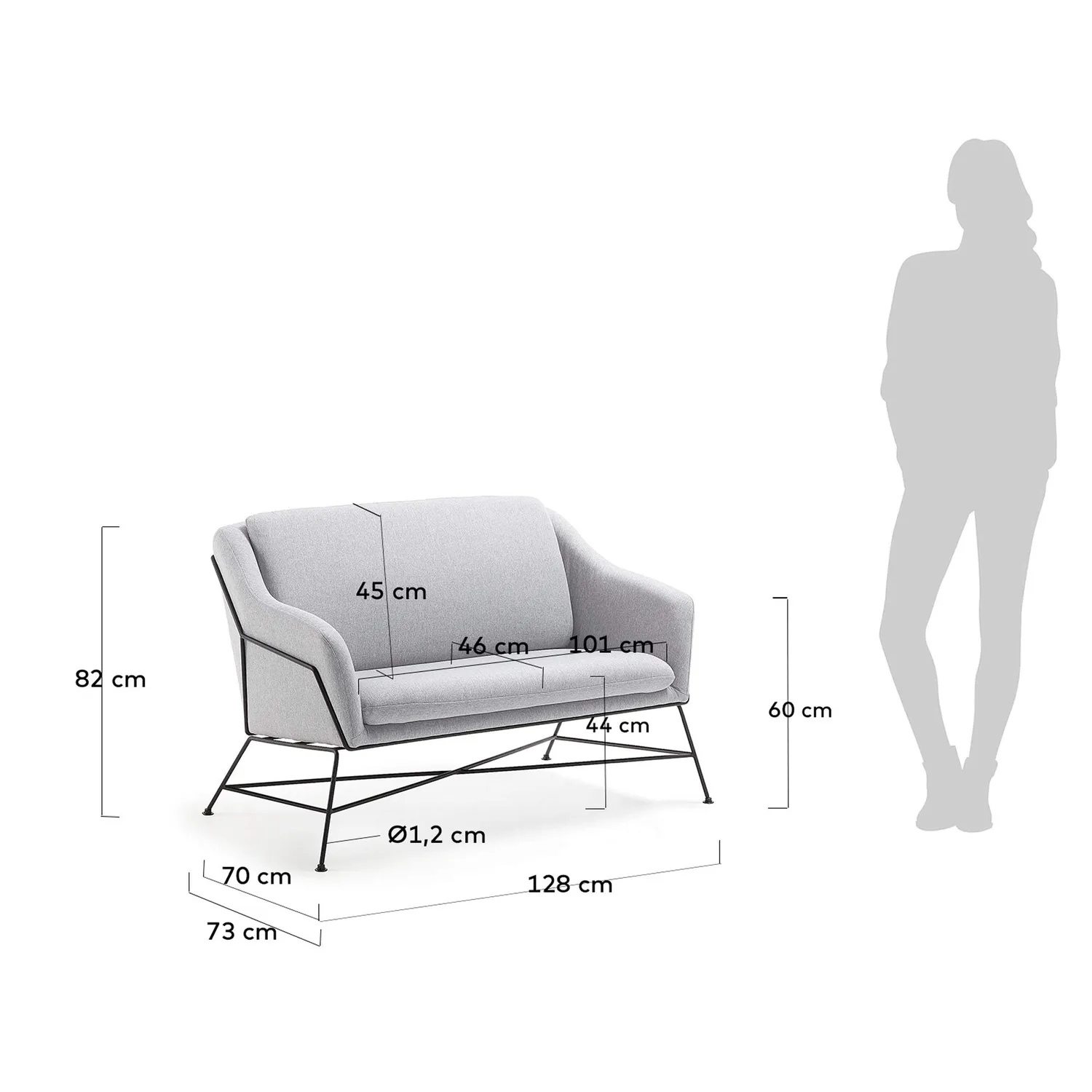 Kave Home Brida 2-Sitzer Sofa 128 cm grau Stahlrahmen