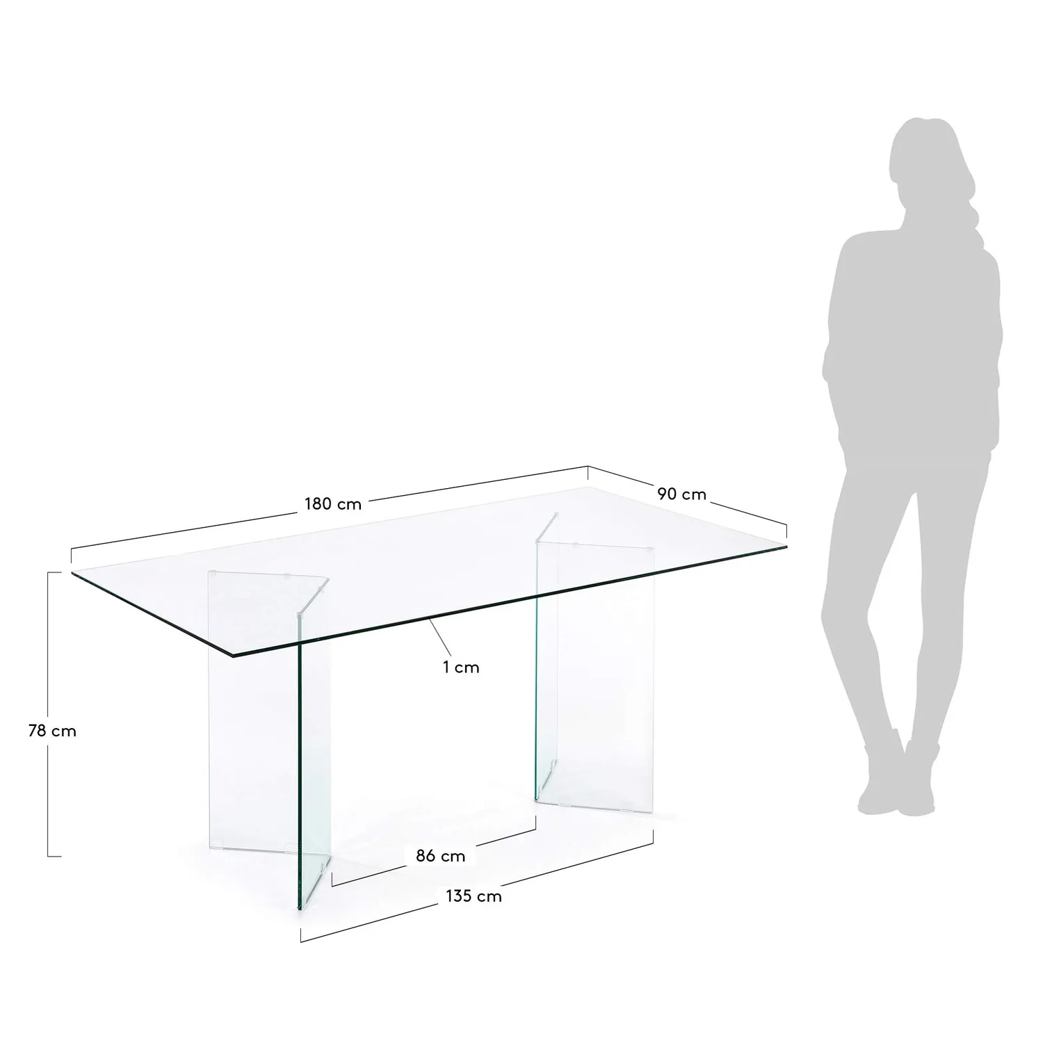 Kave Home Glastisch 180 x 90 cm Transparent Gehärtetes Glas