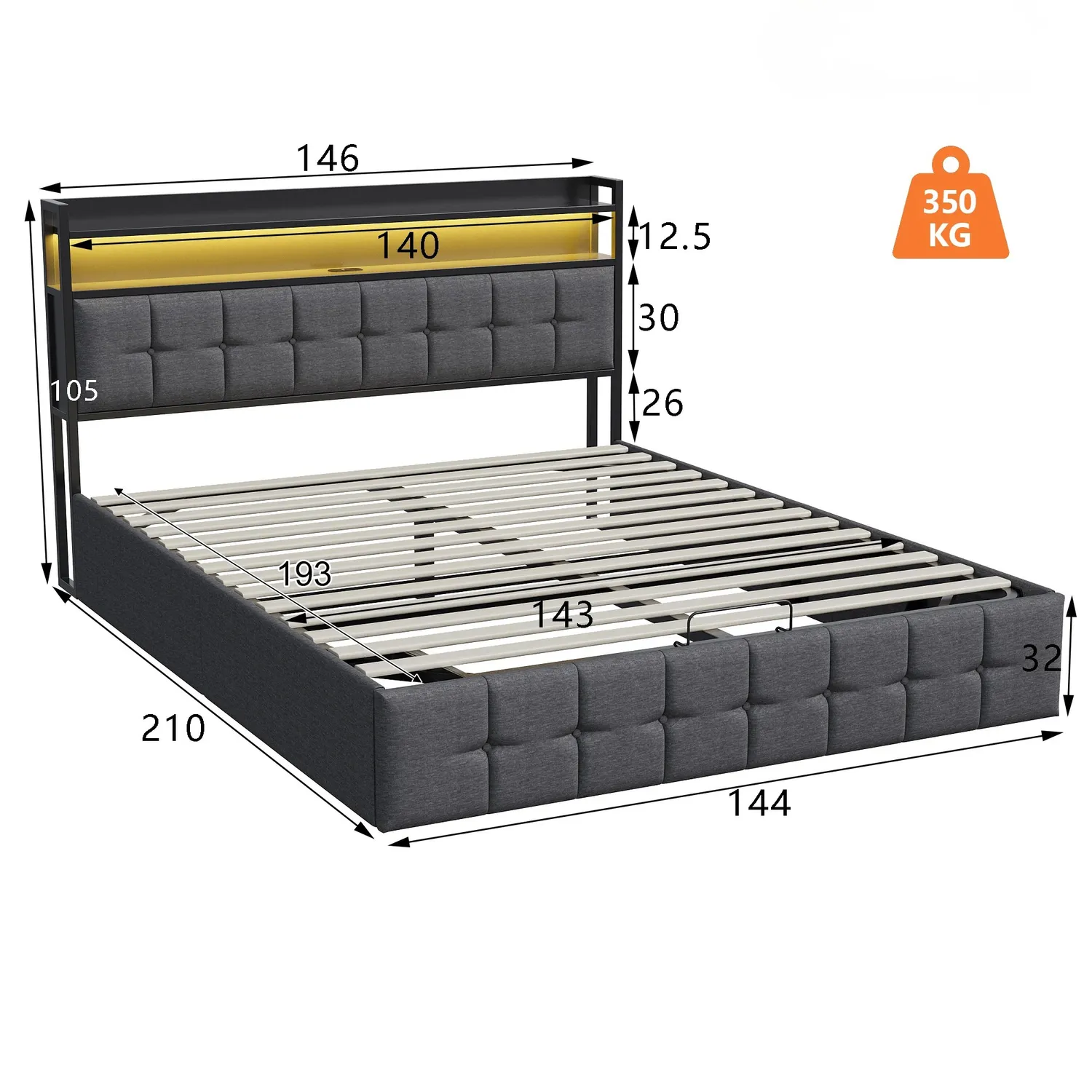 In And OutdoorMatch Bett 140x190 Grau mit LED und Stauraum