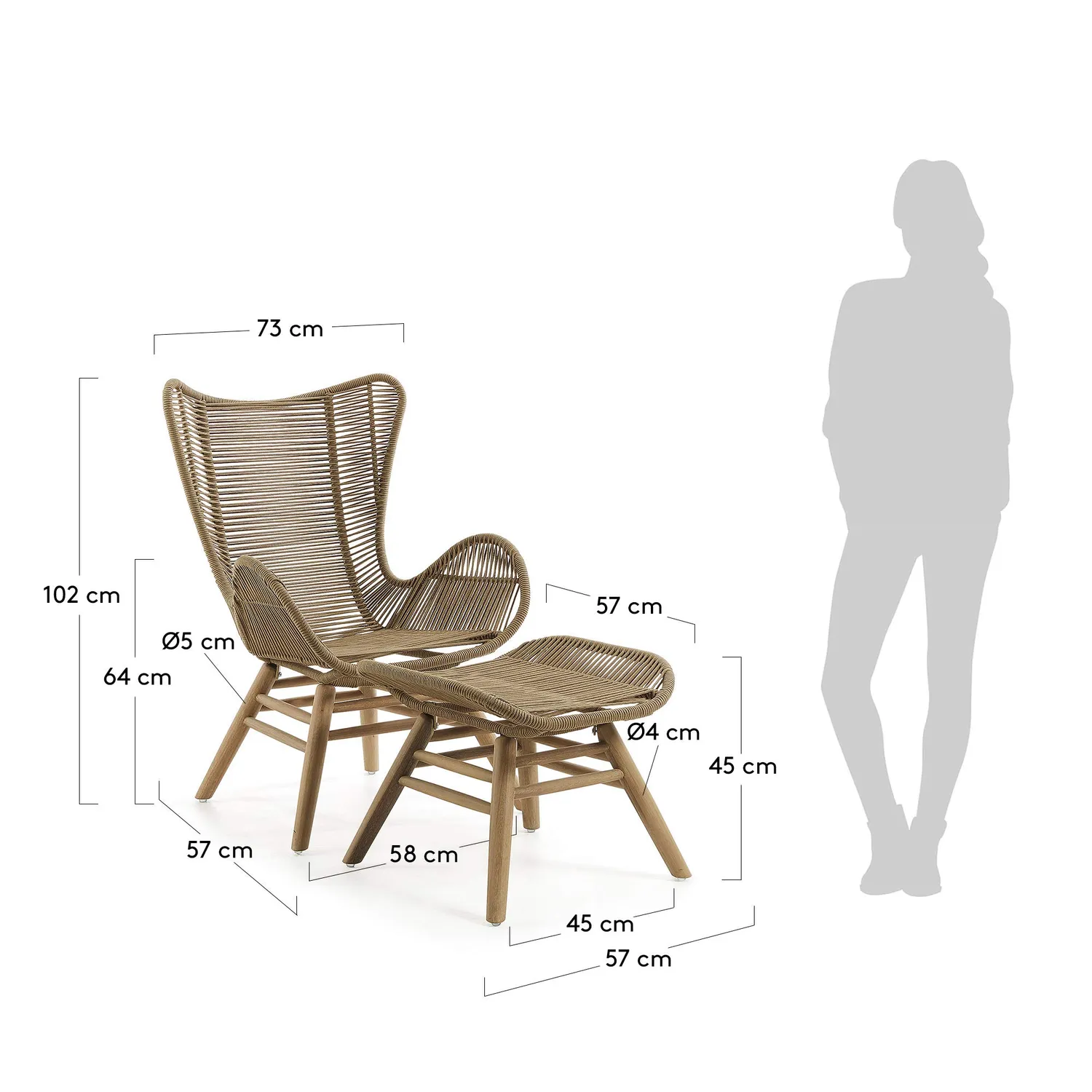 Kave Home Zabel Sessel Eukalyptus mit Hocker