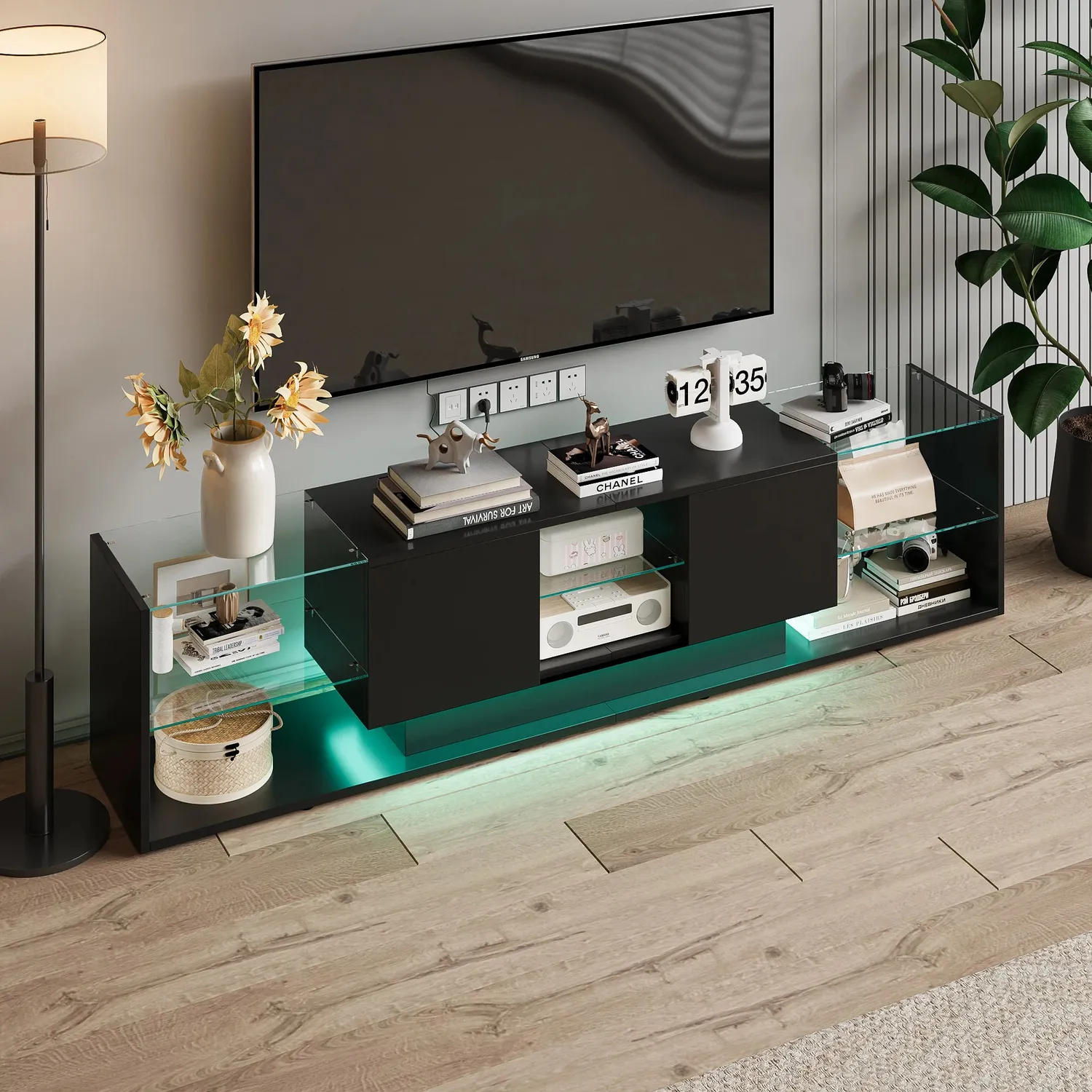 Nezzo TV-Meubel Lowboard mit LED 200x35x45cm Schwarz Weiß