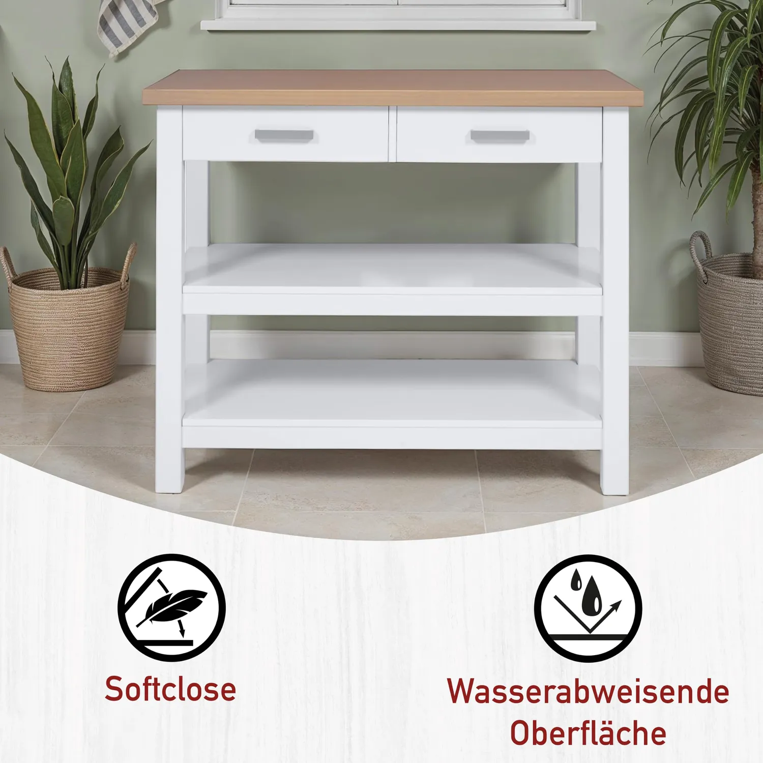 Inter Link Kücheninsel Kiefer massiv weiß Eiche 115 cm