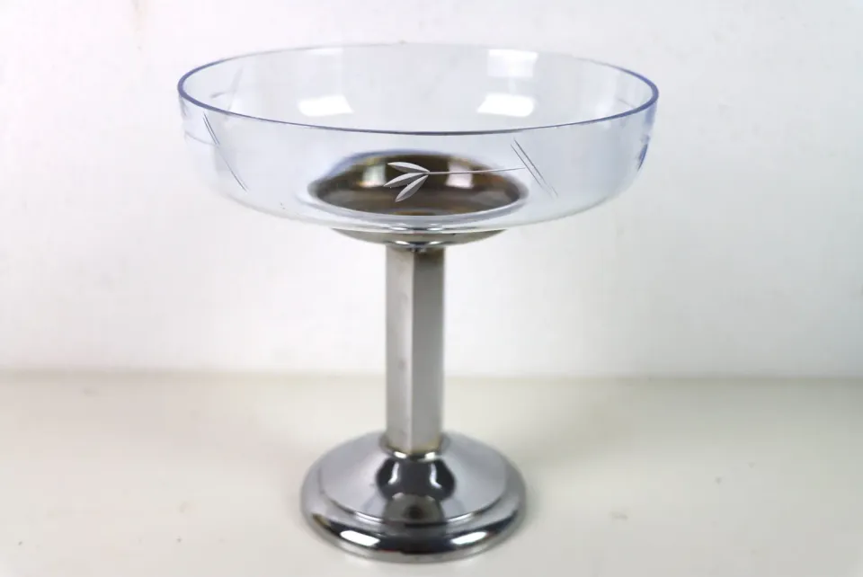 Mon Ami(e) Vintage Glasschale Metallfuß blau Schliff 21 cm
