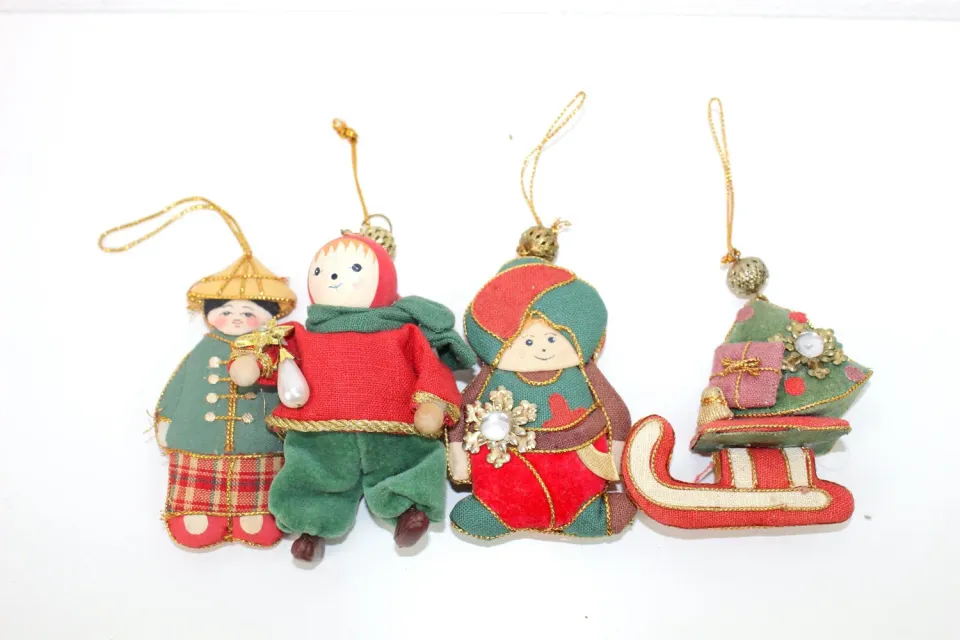 Mon Ami(e) Vintage Weihnachtsbaumanhänger aus Stoff, 4er-Set, Perlen