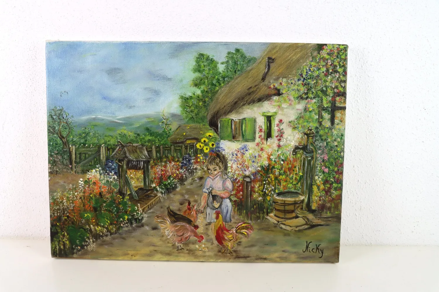 Mon Ami(e) Vintage Frau mit Hühnern im Bauerngarten Gemälde Leinwand