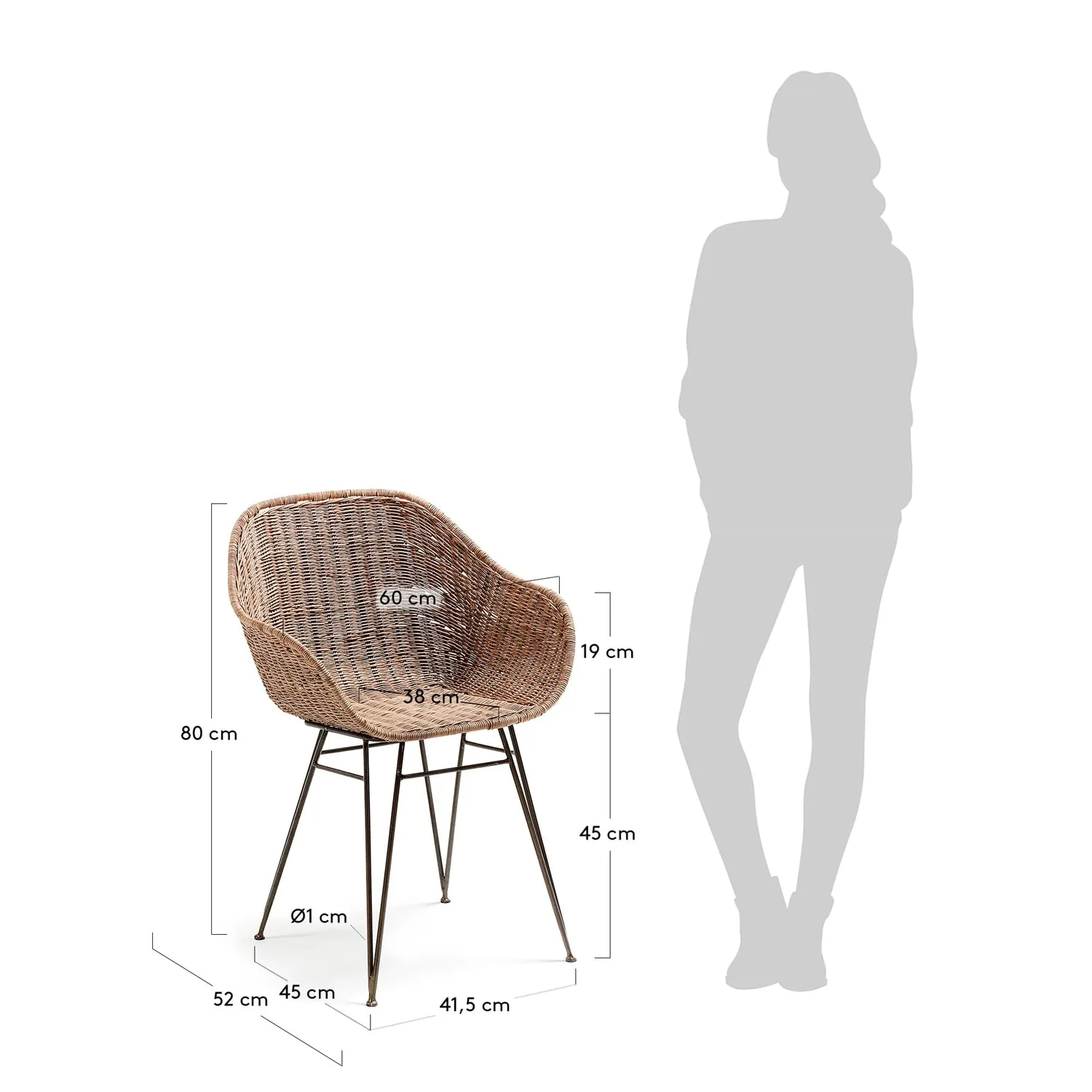 Kave Home Chart Esszimmerstuhl Rattan natur mit Stahlbeinen