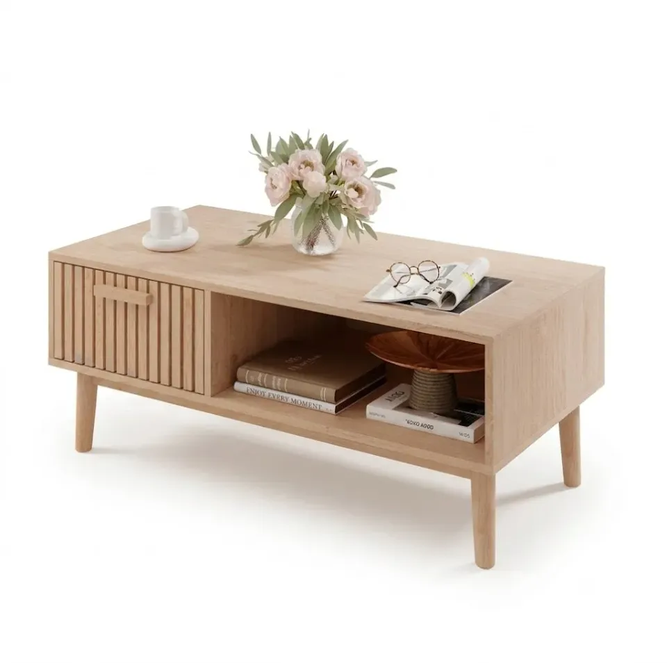 In And OutdoorMatch Couchtisch Holz 100x50 Natur Schublade