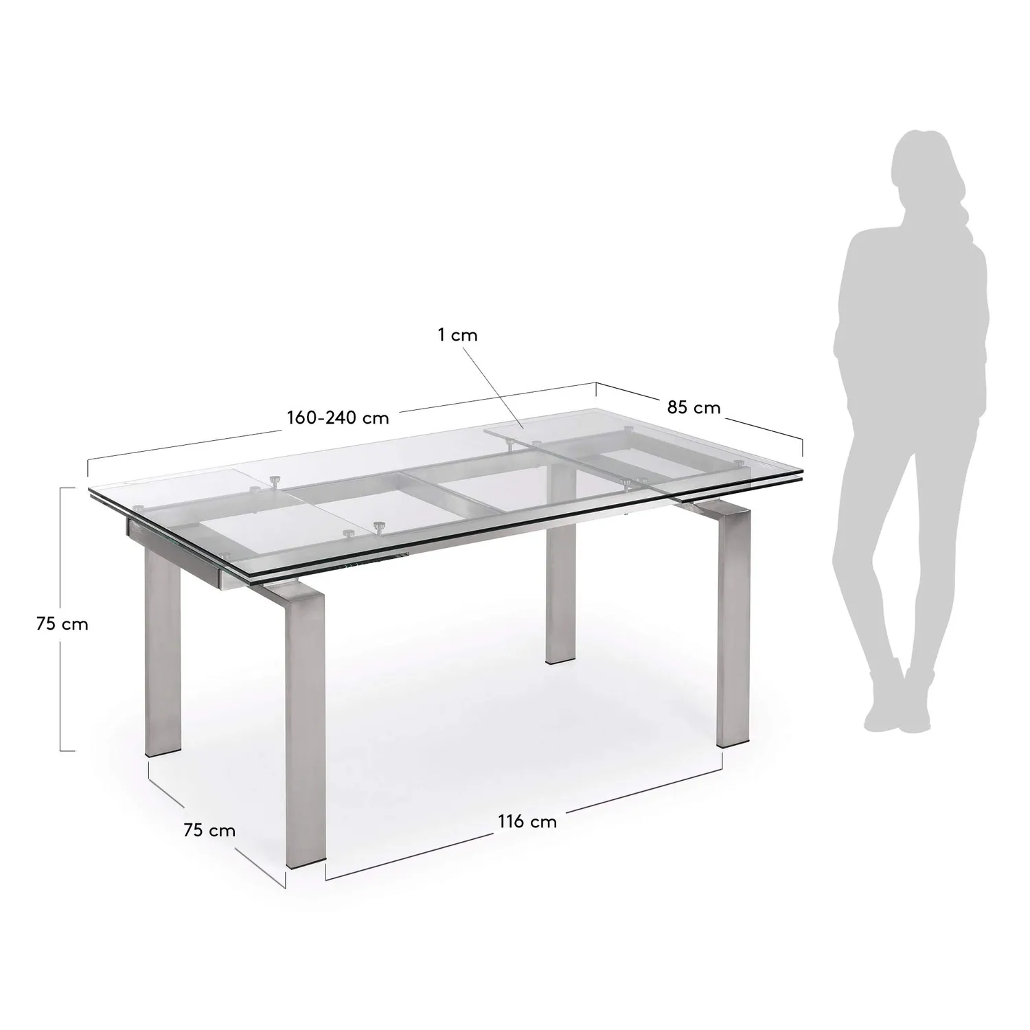 Kave Home Nara Ausziehtisch rechteckig aus Glas 160–240 cm