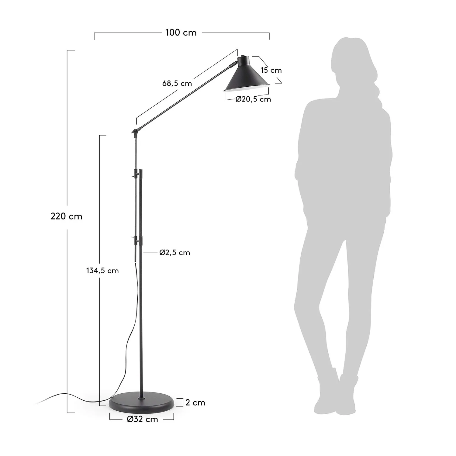 Kave Home Dione Stehlampe schwarz aus Stahl verstellbar