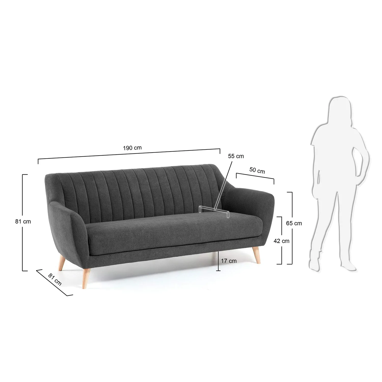 Kave Home Obo Sofa 3-Sitzer dunkelgrau Stoff