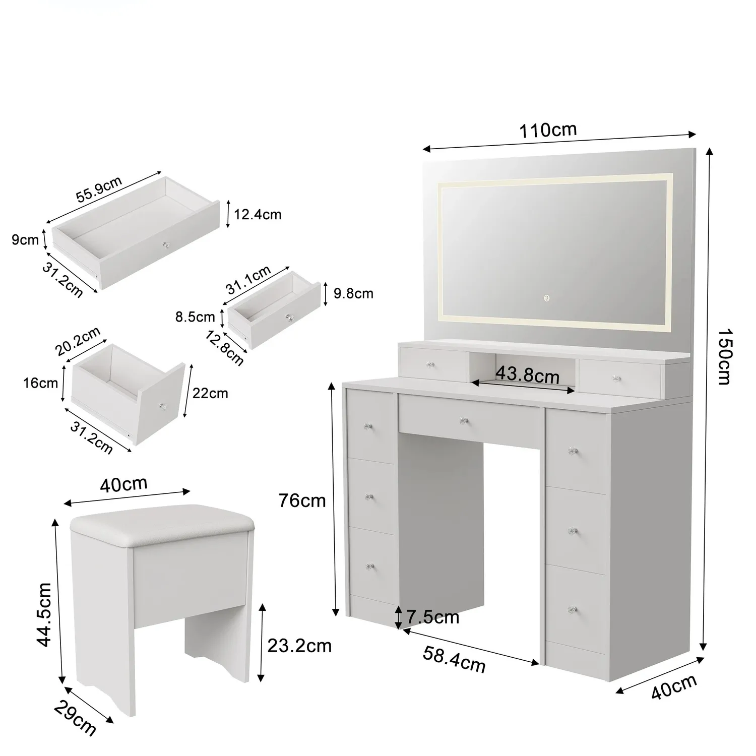 In And OutdoorMatch Schminktisch 110cm weiß LED mit Hocker