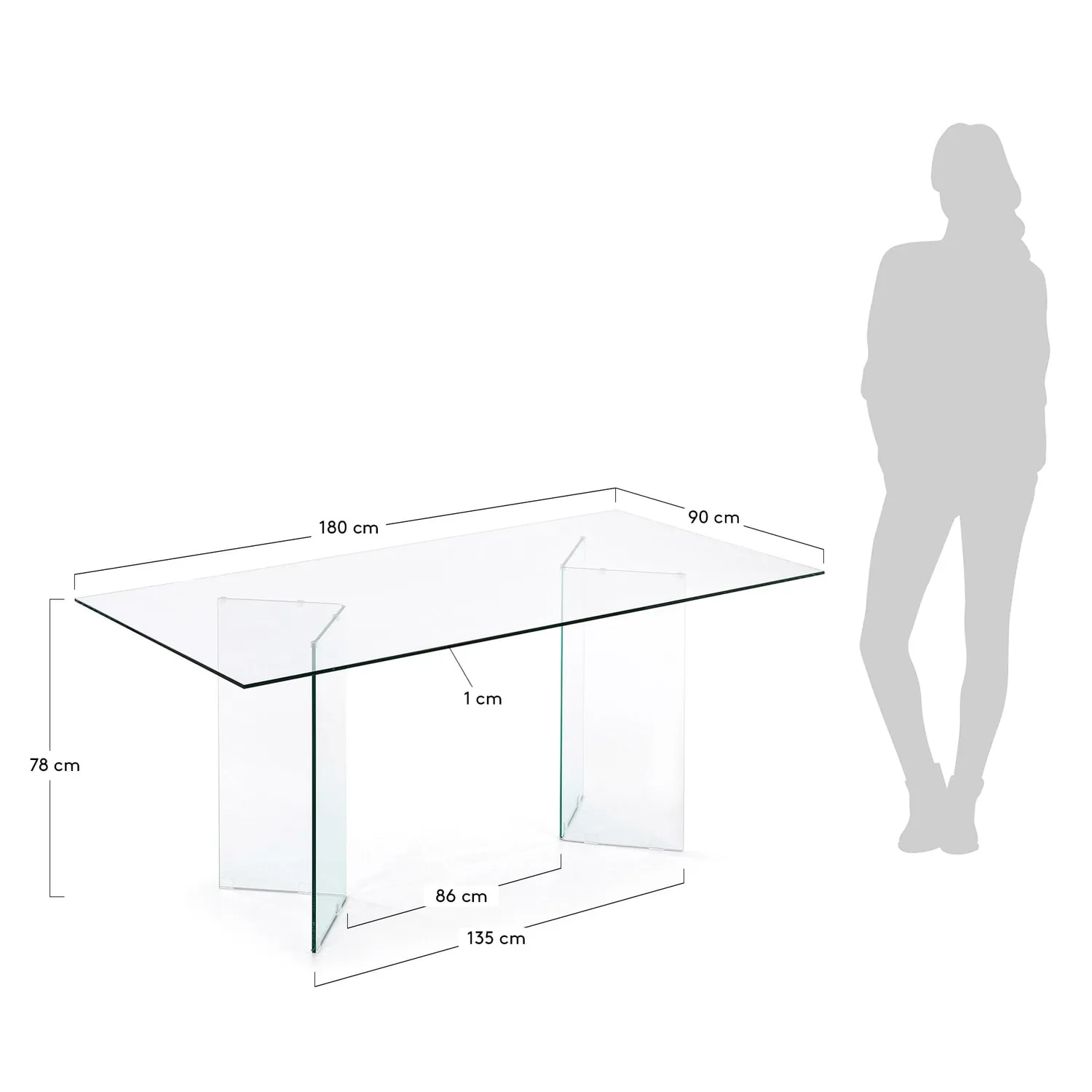 Kave Home Glastisch 180 x 90 cm Transparent Gehärtetes Glas