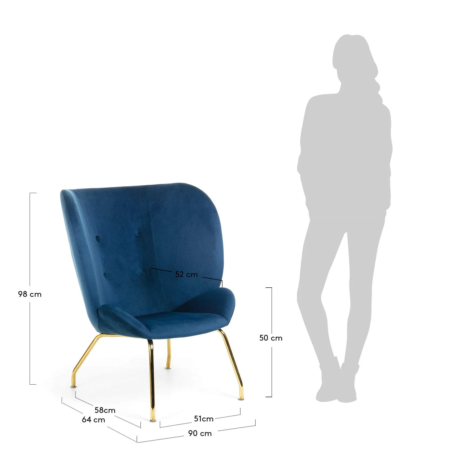 Kave Home Violet Sessel Blauer Samt Goldbeine