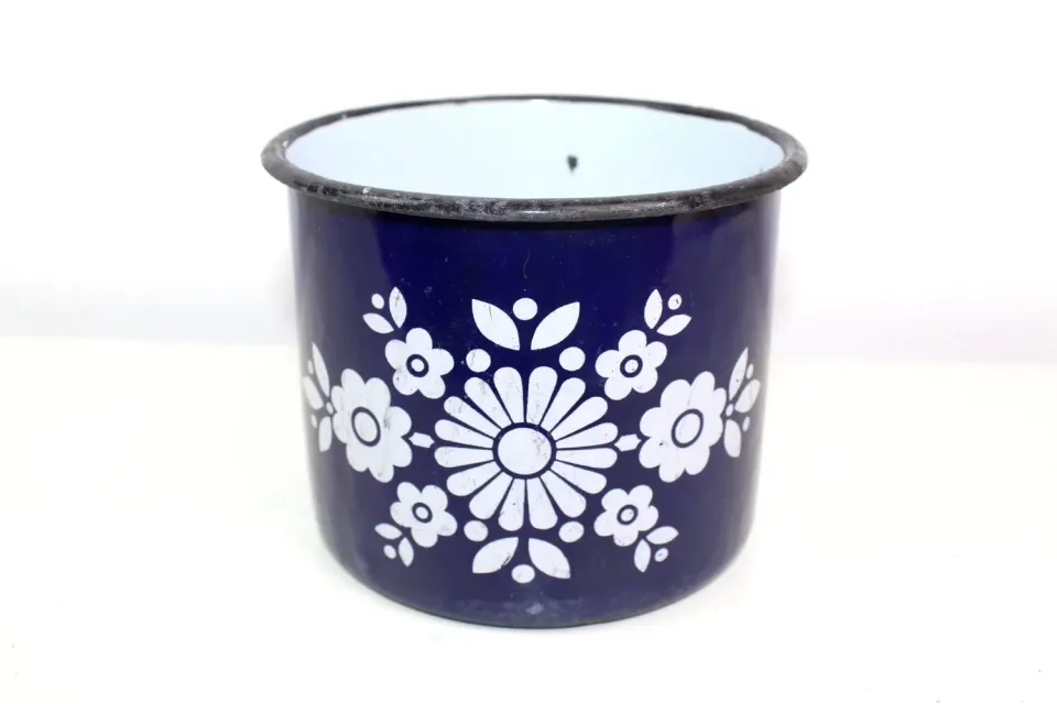 Mon Ami(e) Vintage Milchtopf mit Henkel blau Blumenmuster Emaille