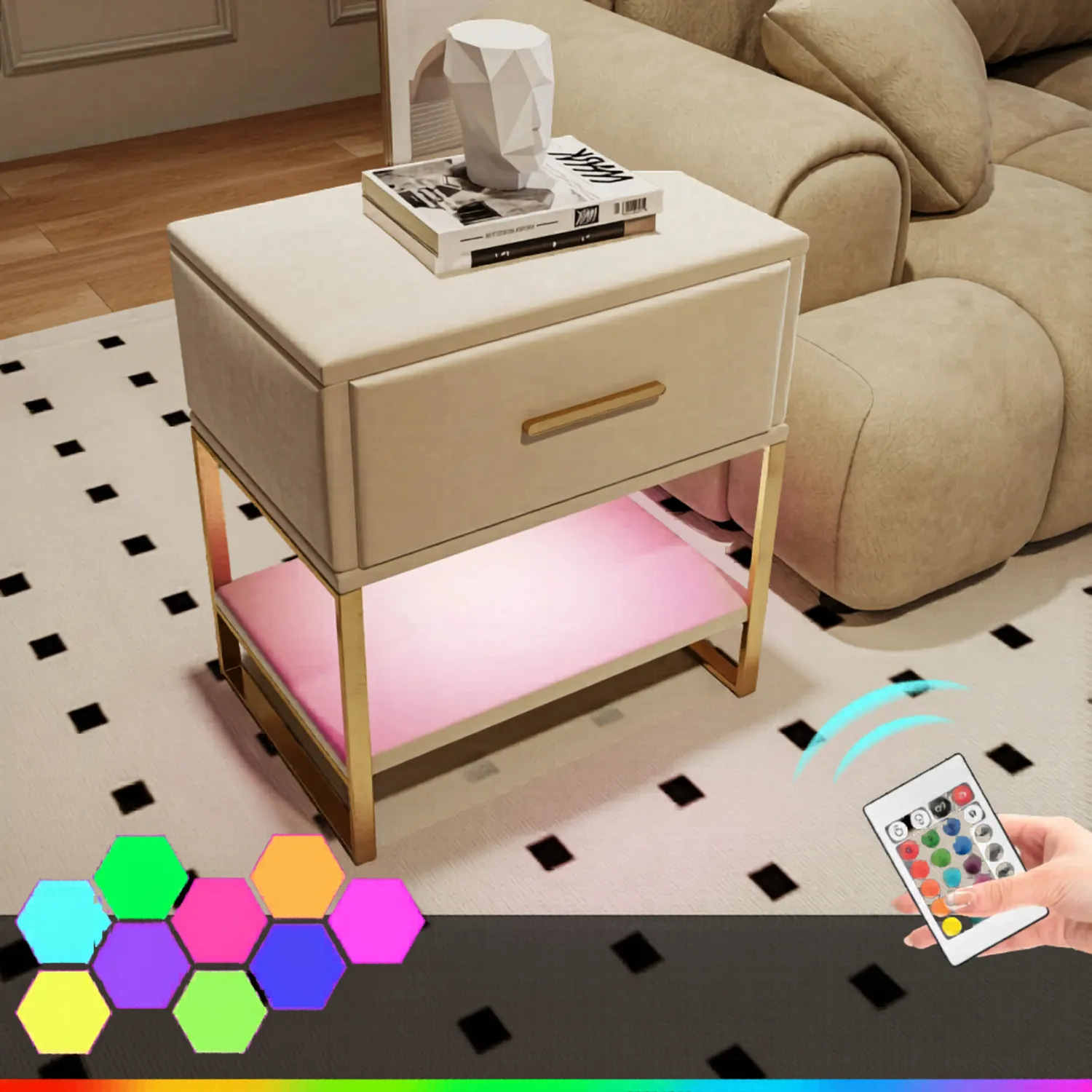 In And OutdoorMatch Velours Nachttisch Creme 2er Set mit LED