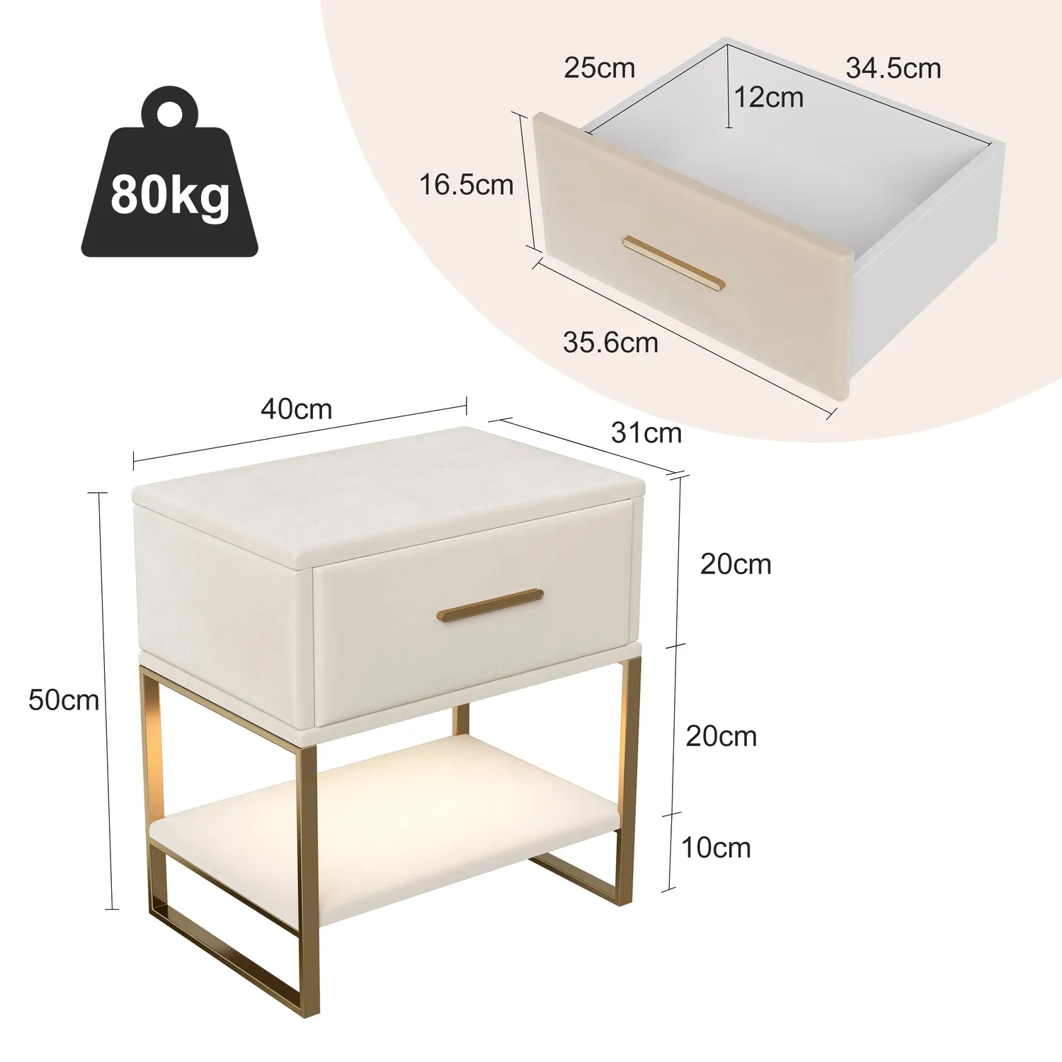 In And OutdoorMatch Velours Nachttisch Creme 2er Set mit LED