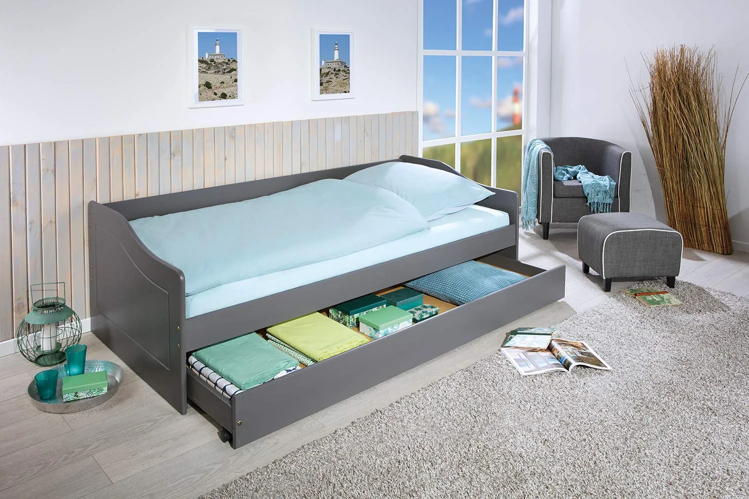 Inter Link Malte Funktionsbett 90x200 cm Grau Kiefer mit Stauraum