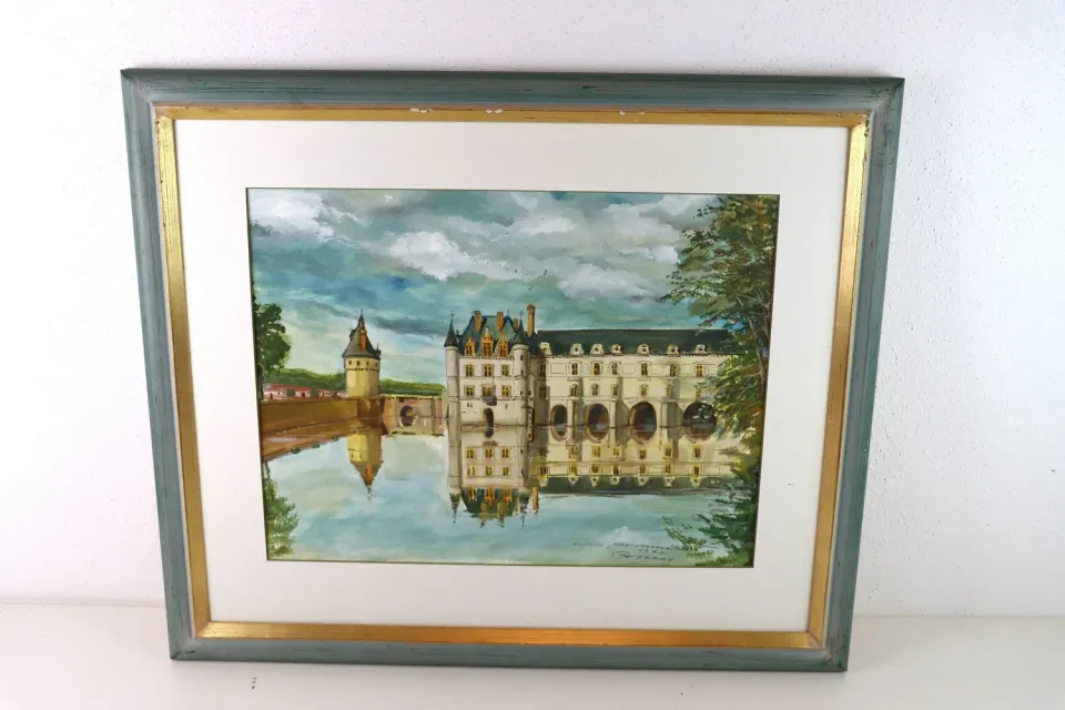 Mon Ami(e) Vintage Schloss Chenonceau Gemälde Aquarell im Rahmen