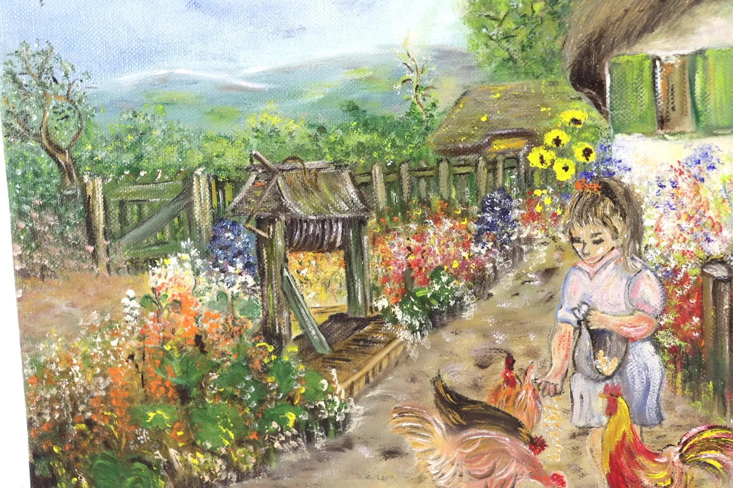 Mon Ami(e) Vintage Frau mit Hühnern im Bauerngarten Gemälde Leinwand