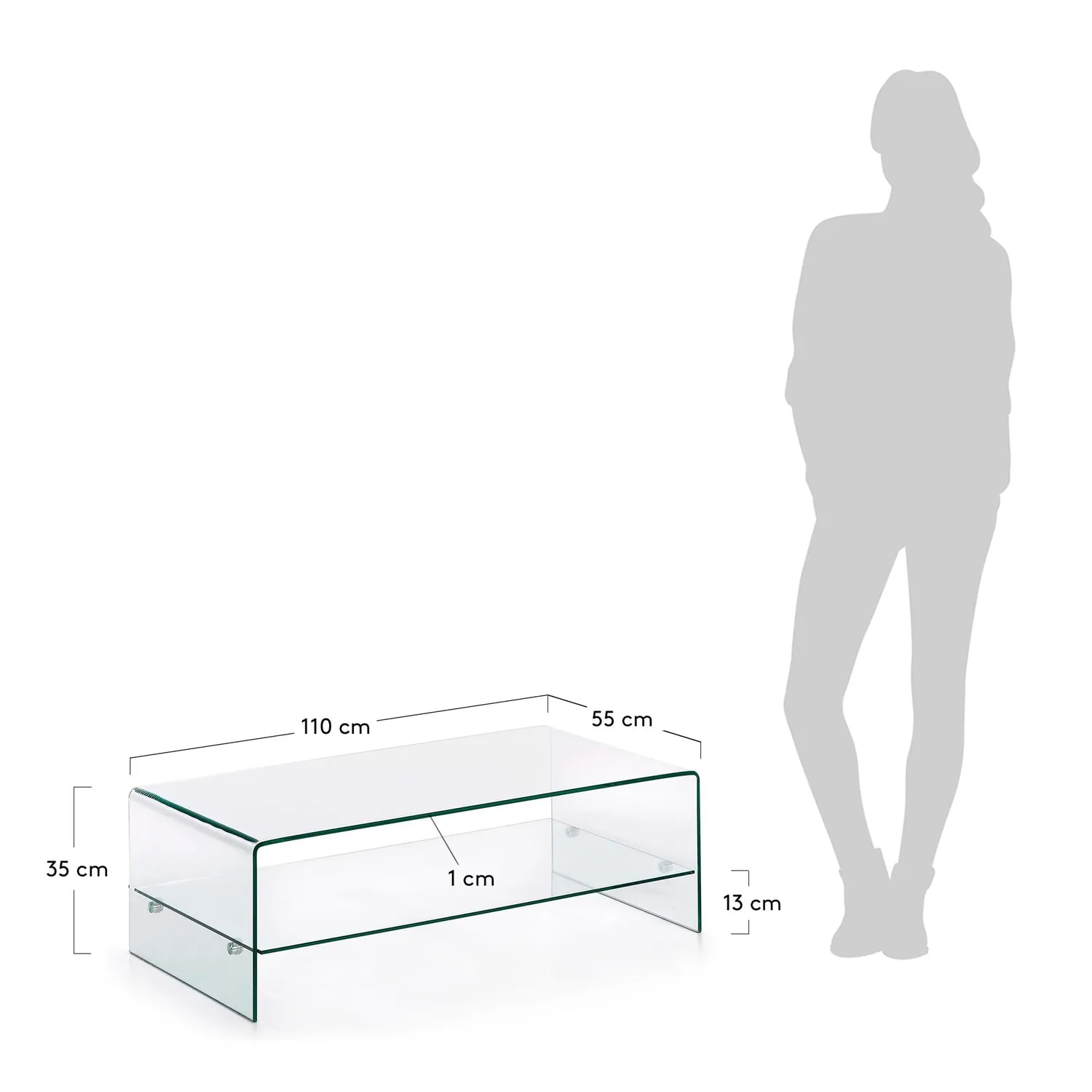 Kave Home Burano Couchtisch 110 x 55 cm aus Hartglas mit Ablage