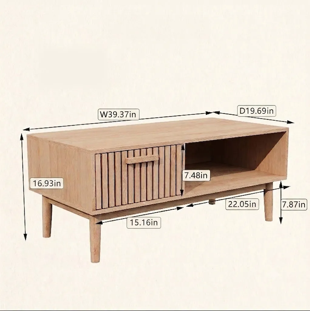 In And OutdoorMatch Couchtisch Holz 100x50 Natur Schublade