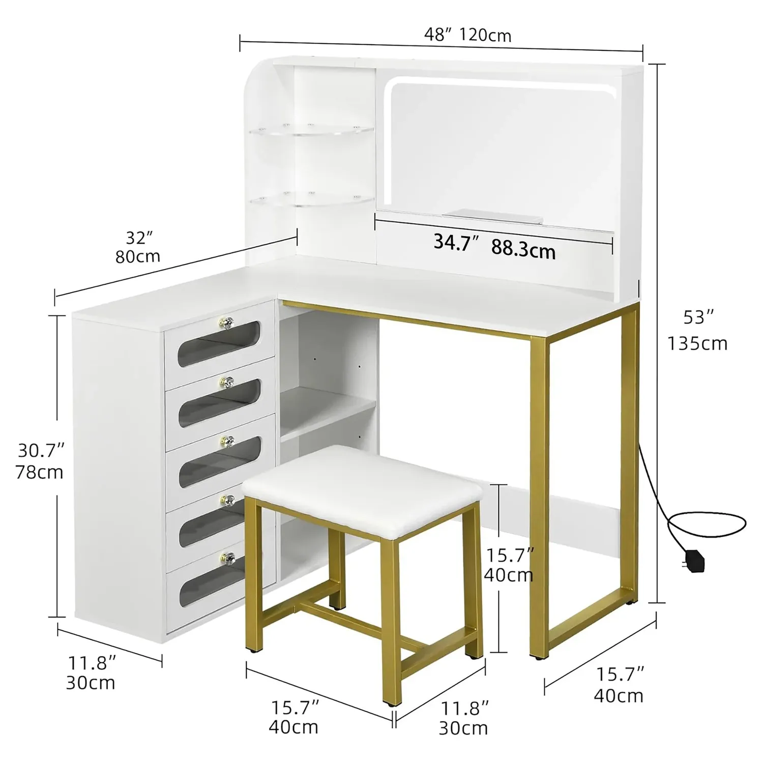 In And OutdoorMatch Schminktisch Holz L-Form LED 5 Laden Hocker