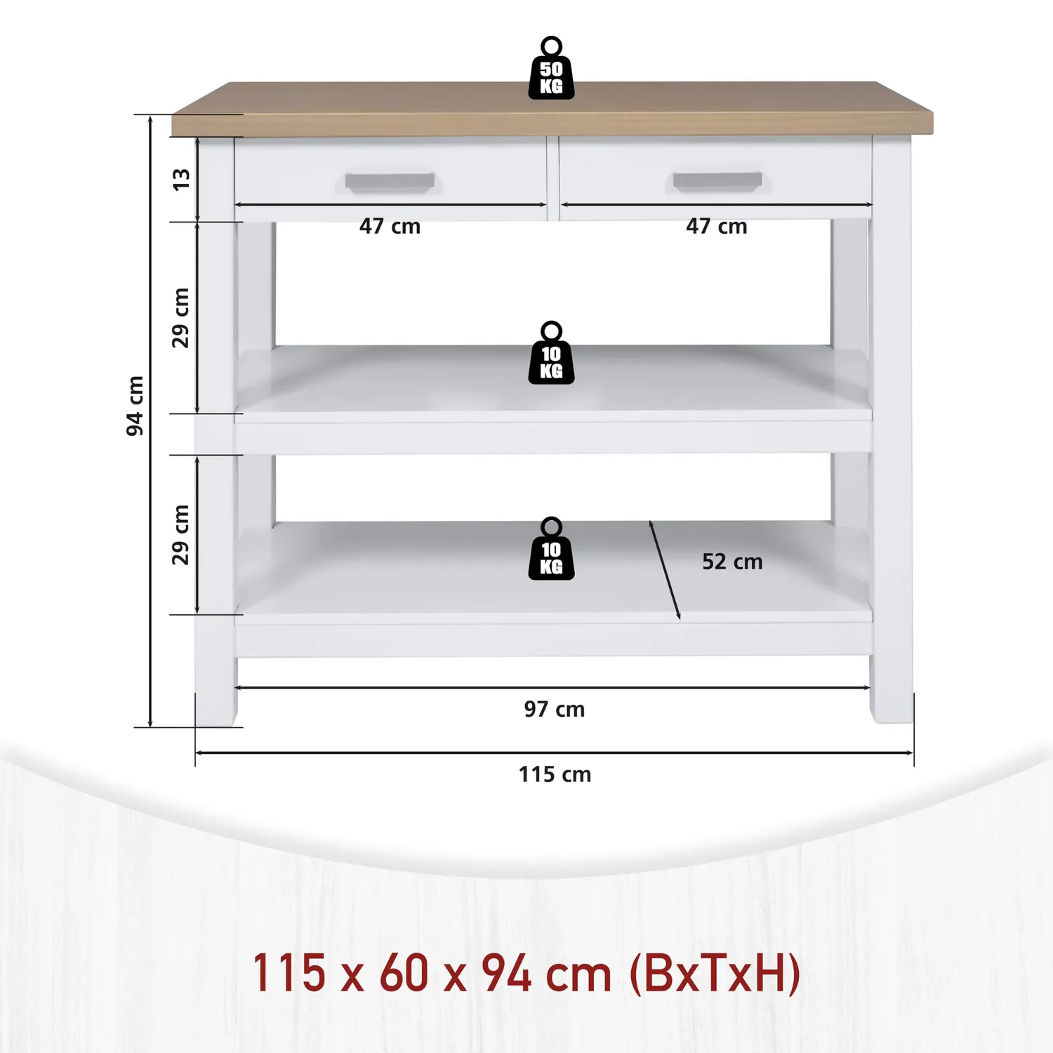 Inter Link Kücheninsel Kiefer massiv weiß Eiche 115 cm