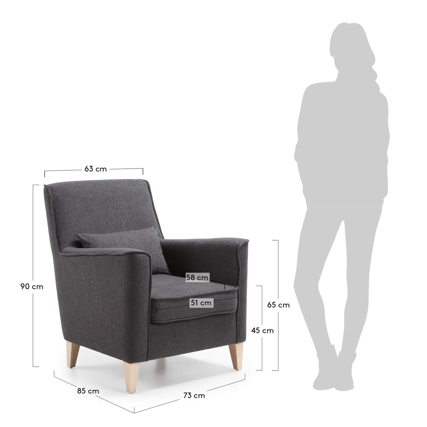Kave Home Varese Sessel grau mit Kissen fleckenabweisend