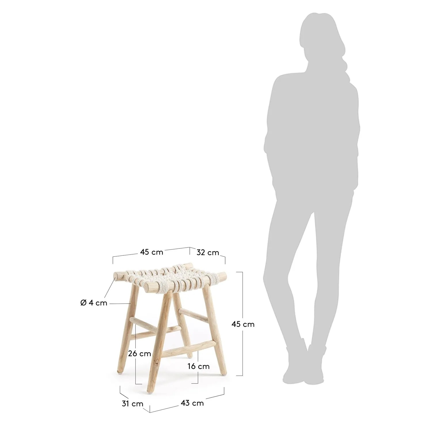 Kave Home Edgard Hocker 45 cm Teak weiß