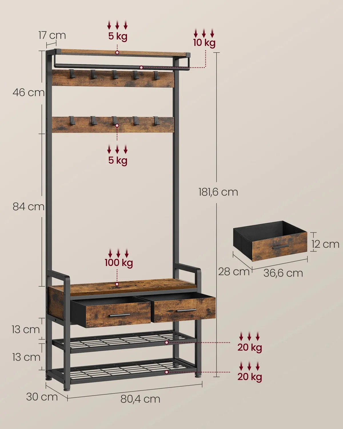 In And OutdoorMatch Garderobe Schuhbank 10 Haken industriell