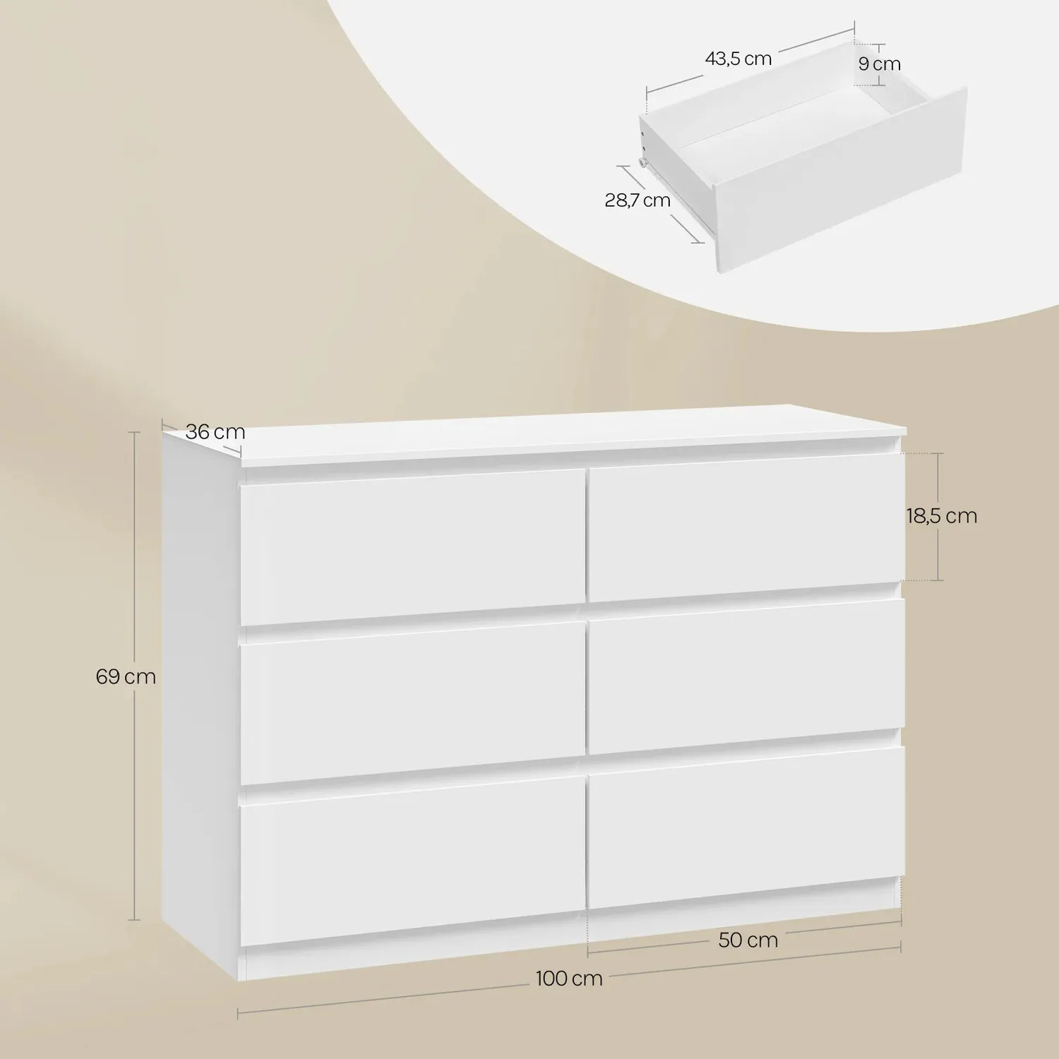 In And OutdoorMatch Kommode 6 Schubladen 100x69x36 cm