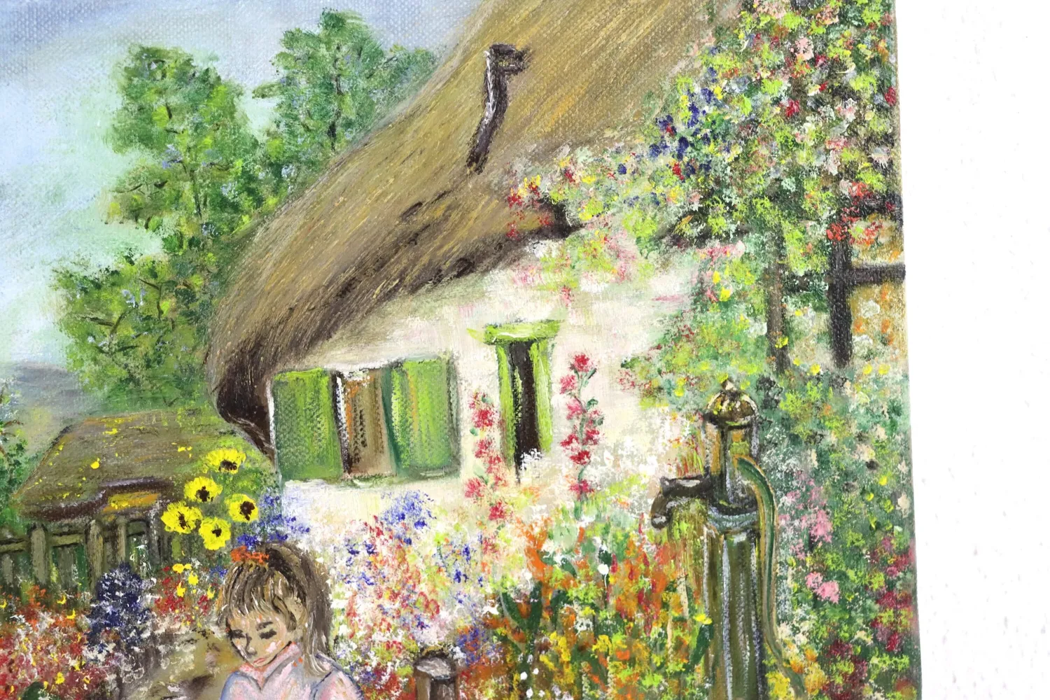 Mon Ami(e) Vintage Frau mit Hühnern im Bauerngarten Gemälde Leinwand