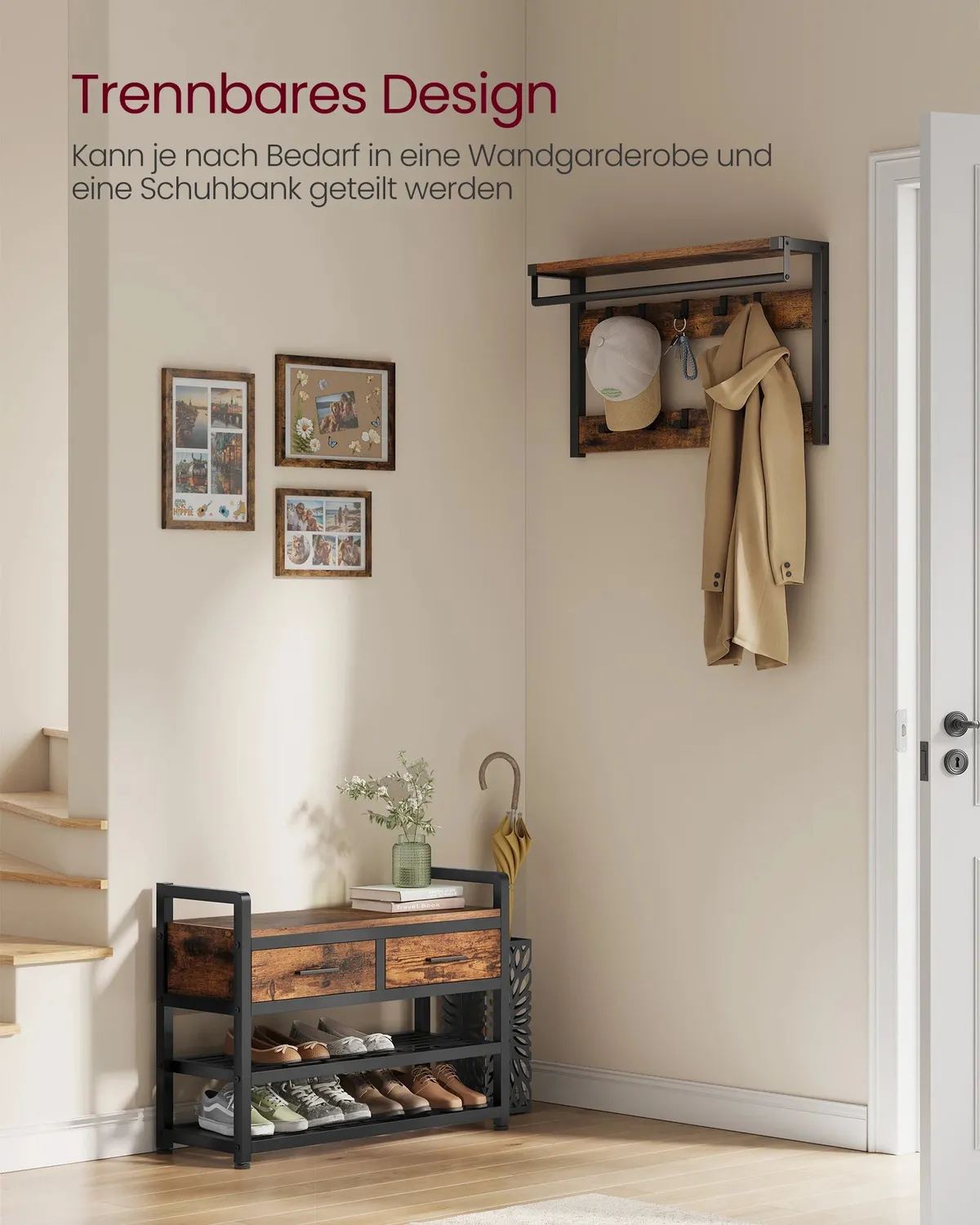 In And OutdoorMatch Garderobe Schuhbank 10 Haken industriell