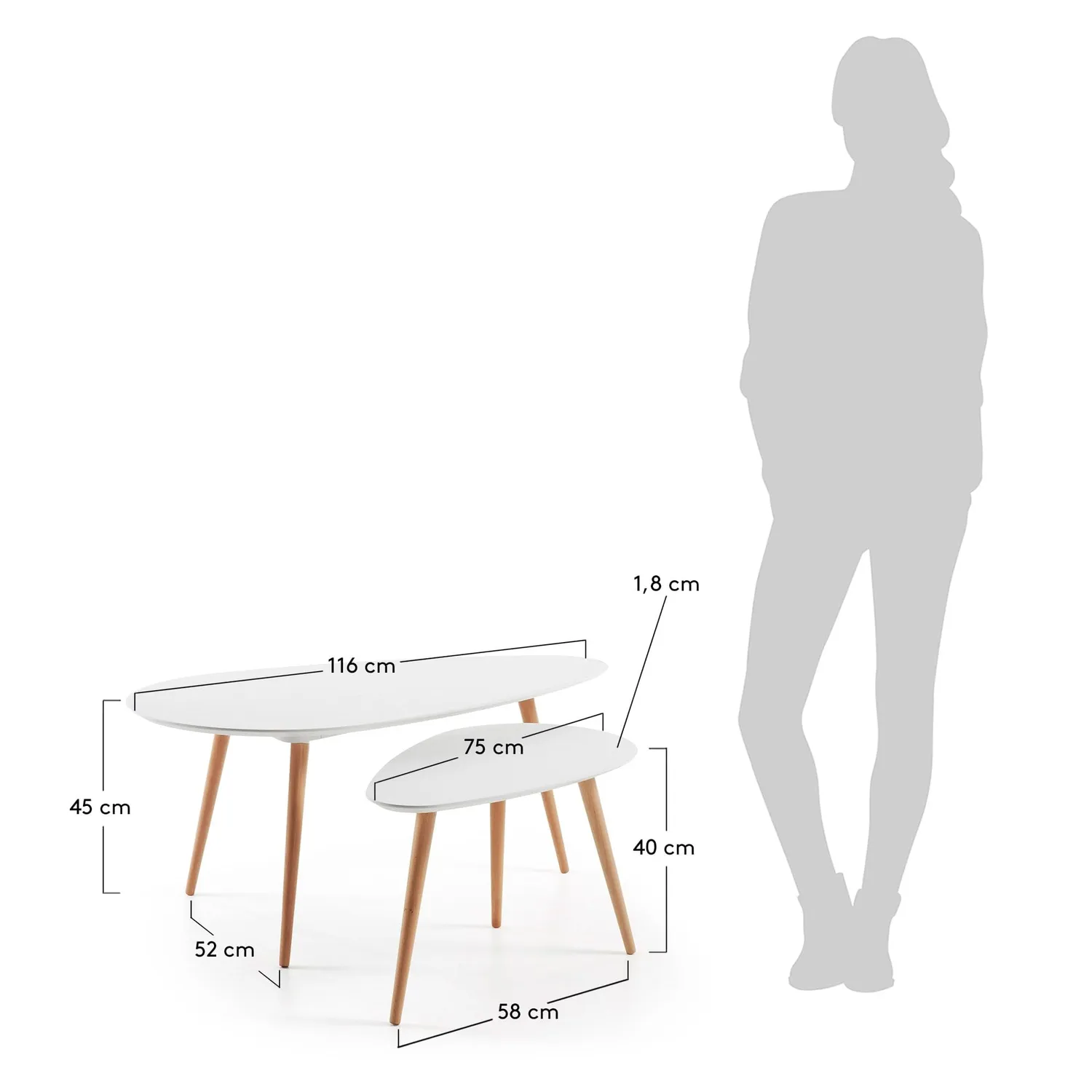 Kave Home Kirb Beistelltisch-Set 2-teilig weiß oval Eiche