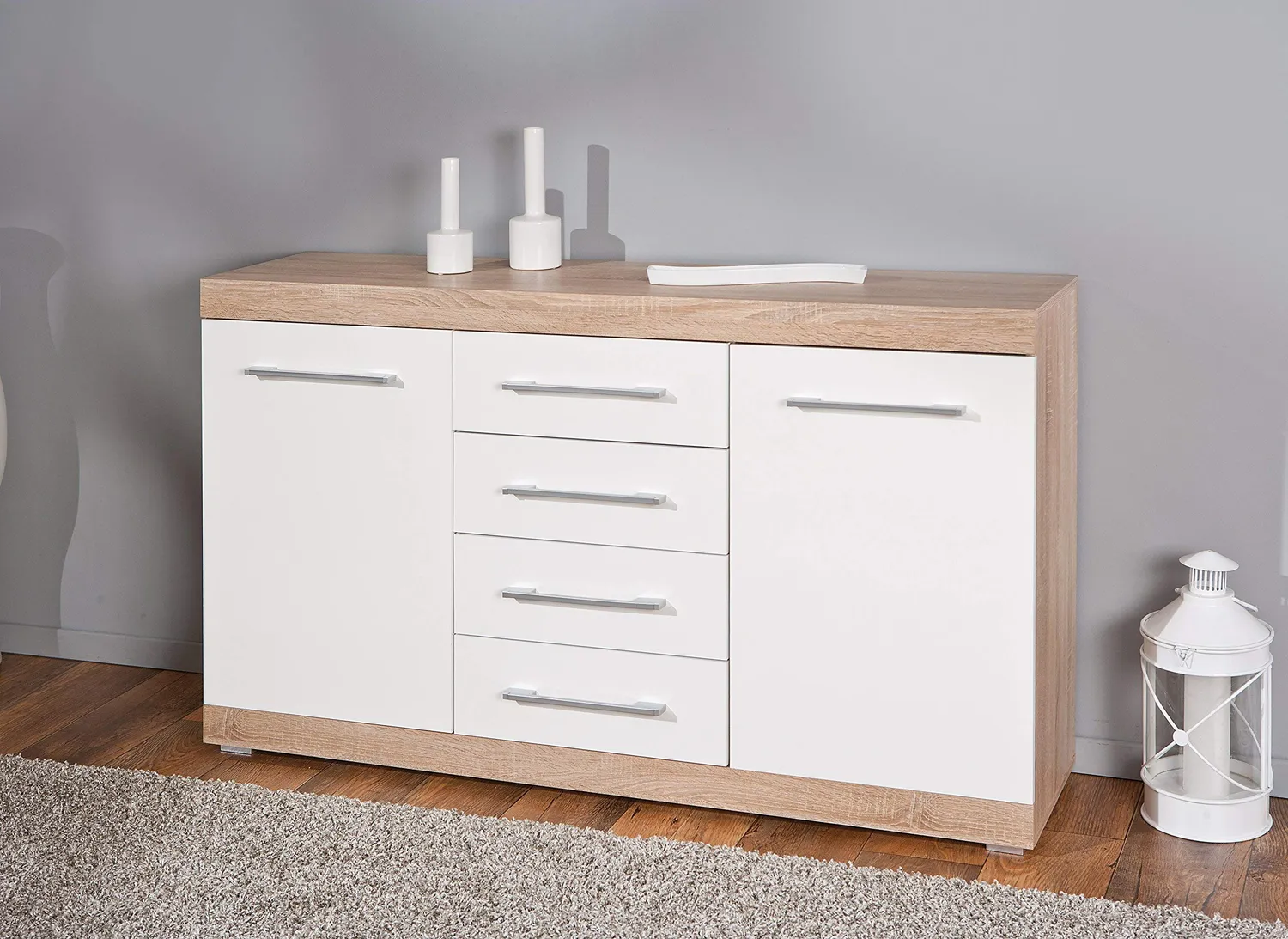 Inter Link Lublin 4 Sideboard 155 cm Eiche Weiß Hochglanz