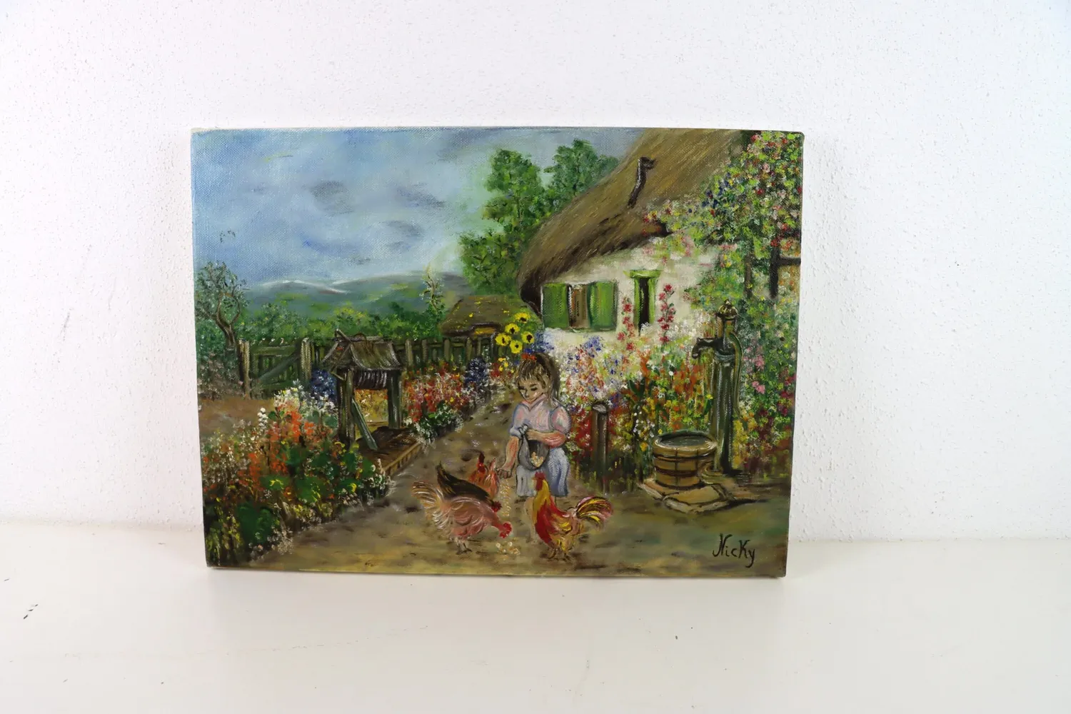 Mon Ami(e) Vintage Frau mit Hühnern im Bauerngarten Gemälde Leinwand