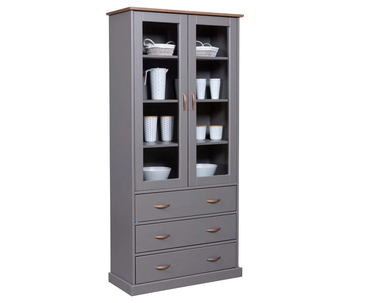 Inter Link Forenzo Vitrinenschrank grau/Oak Massivholz