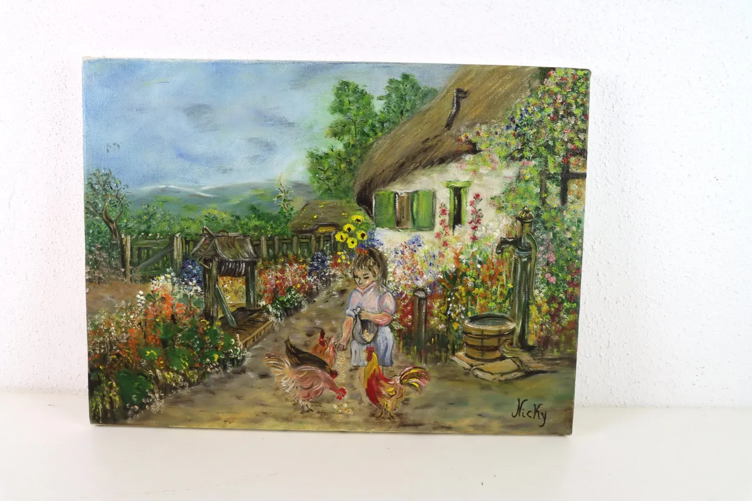 Mon Ami(e) Vintage Frau mit Hühnern im Bauerngarten Gemälde Leinwand