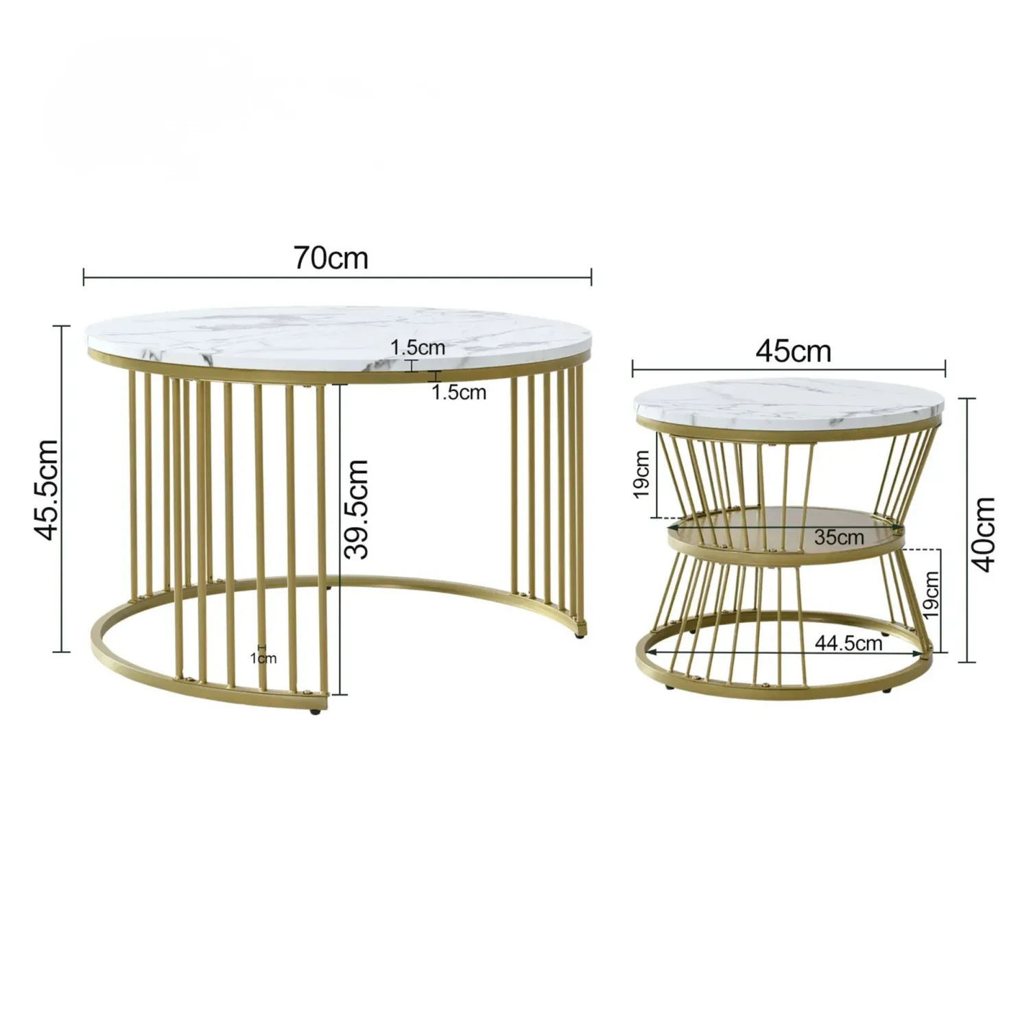 In And OutdoorMatch Couchtisch Set Marmoroptik Weiß Gold
