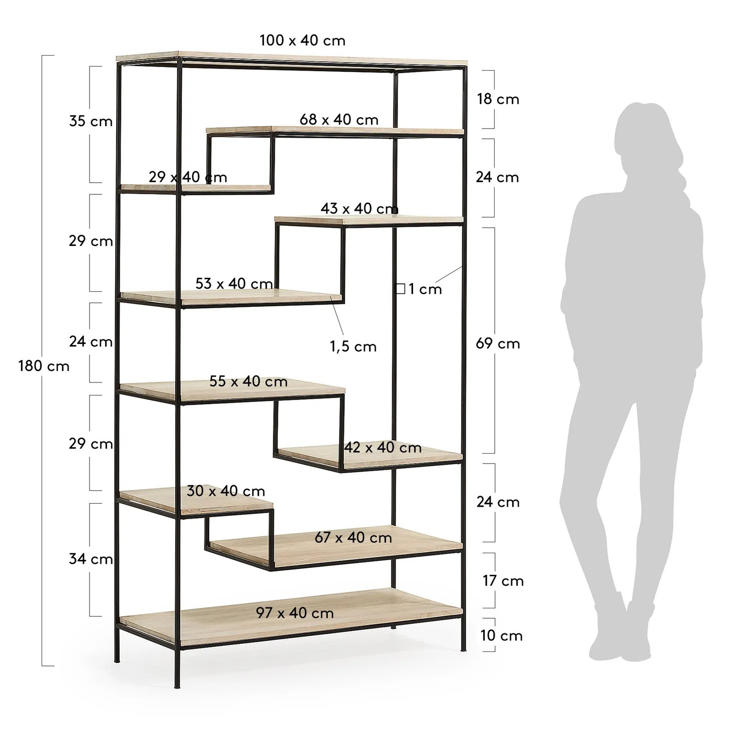 Kave Home Push Standregal 100x180 Mangoholz Stahl schwarz