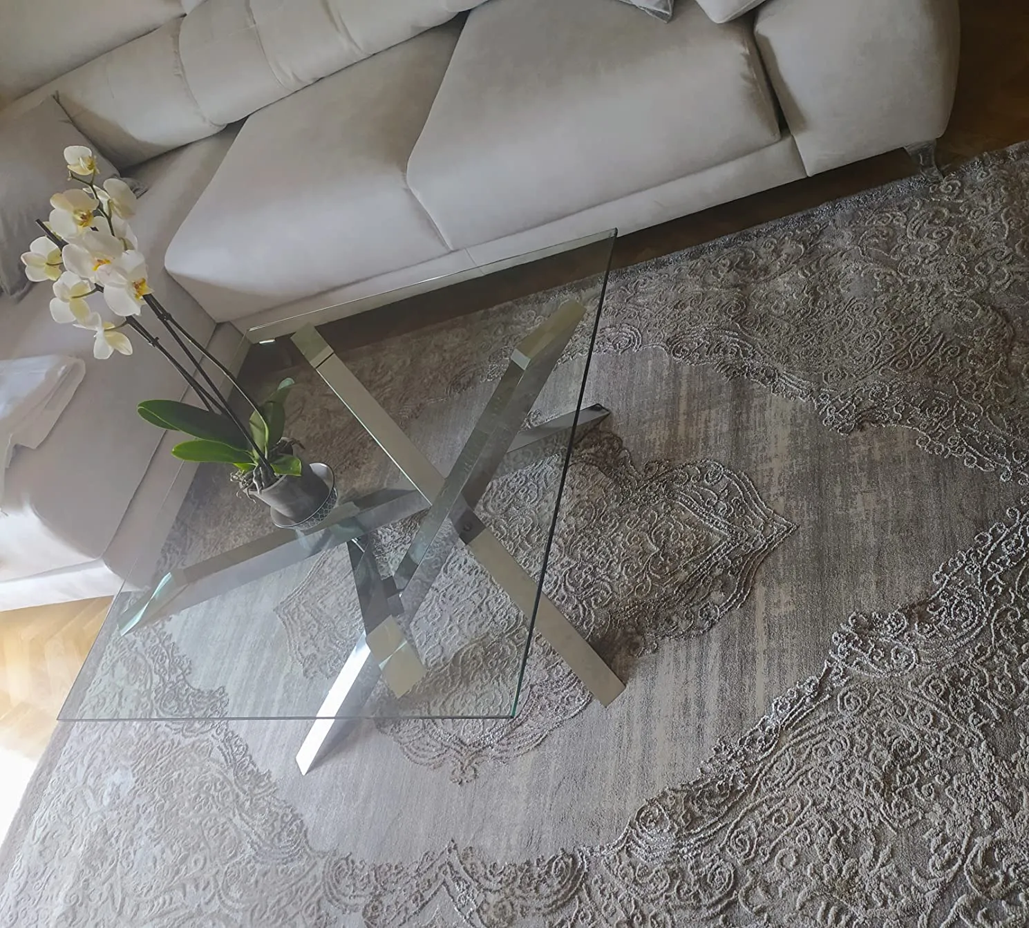 Kave Home Kamido Couchtisch 90 x 90 cm Hartglas Chromstahl