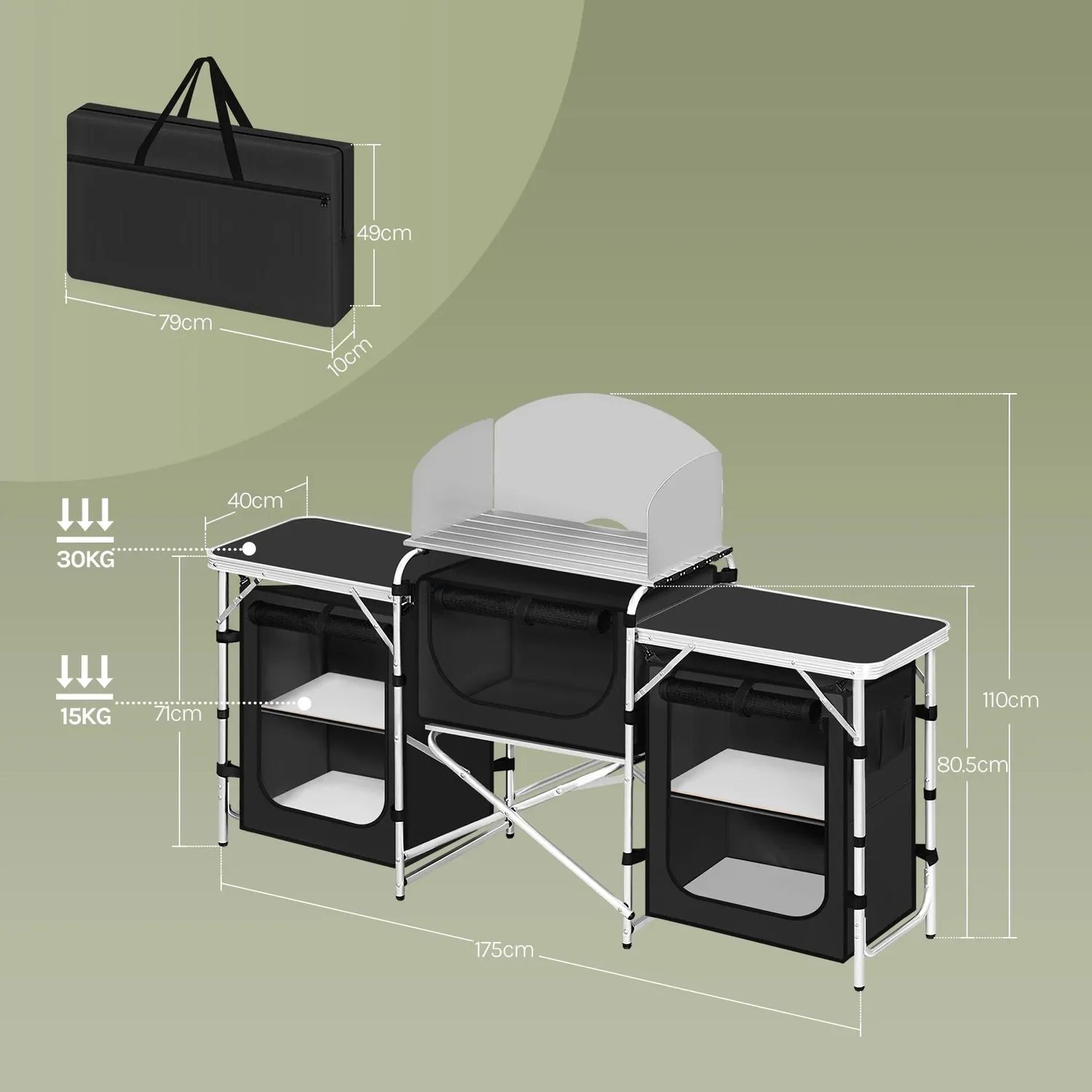 In And OutdoorMatch Campingküche Alu Schwarz 174x48 cm