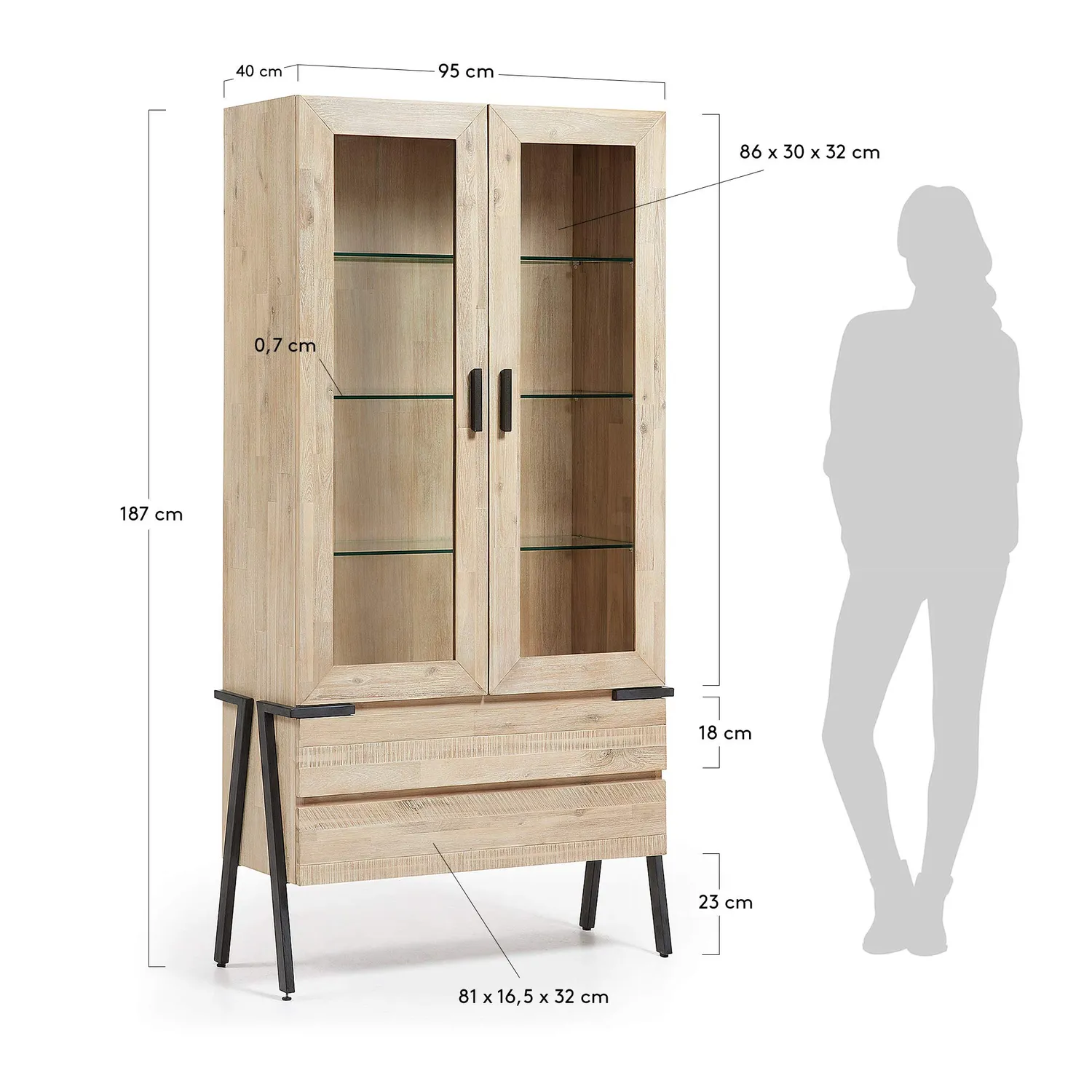 Kave Home Vitrine Akazienholz natur 95 cm Metallfüße