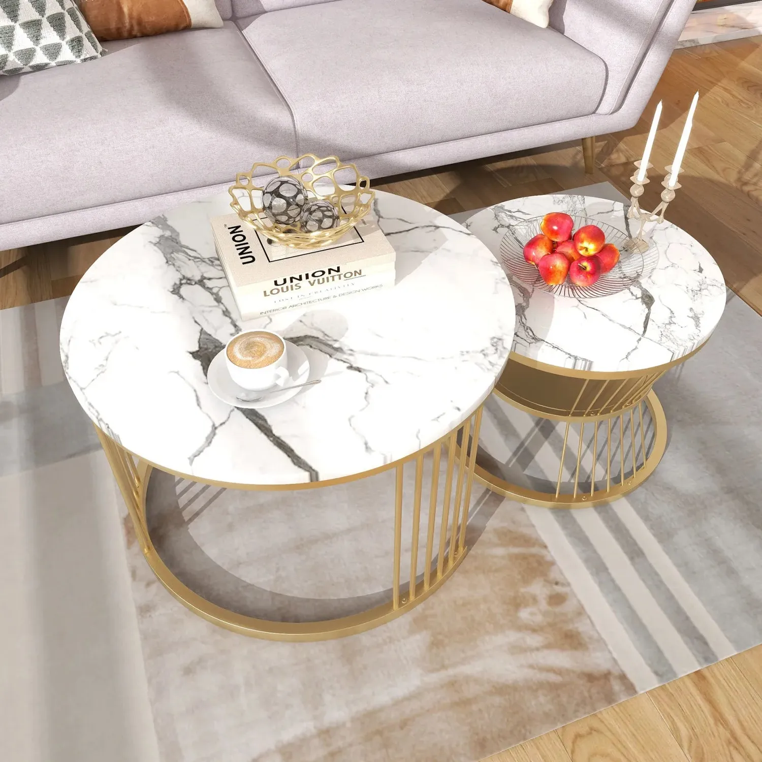 In And OutdoorMatch Couchtisch Set Marmoroptik Weiß Gold
