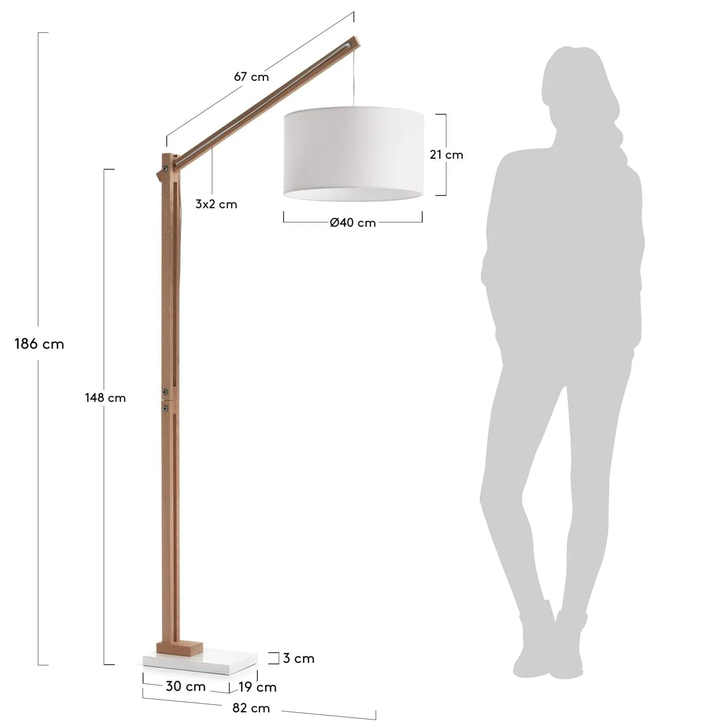 Kave Home Riaz Stehlampe weiß 186 cm Buchenholz Baumwolle